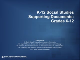 K-12 Social Studies
Supporting Documents:
Grades 6-12
Presented by:
Dr. David Stegall, Deputy Superintendent of Innovation
Dr. Angie Mullennix, Director of K-12 Academics and Innovation Strategy
Dr. Kristi Day, Assistant Director of K-12 Standards, Curriculum, and Instruction
Dr. Lori Major Carlin, Section Chief for Social Studies and Arts Education
K-12 Social Studies Consultants
 