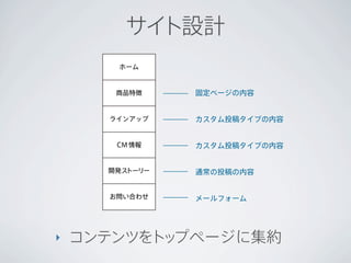 サイト設計
       ホーム



       商品特徴     固定ページの内容


      ラインアップ    カスタム投稿タイプの内容


       CM 情報    カスタム投稿タイプの内容


      開発ストーリー   通常の投稿の内容


      お問い合わせ    メールフォーム




‣   コンテンツをト プページに集約
           ッ
 