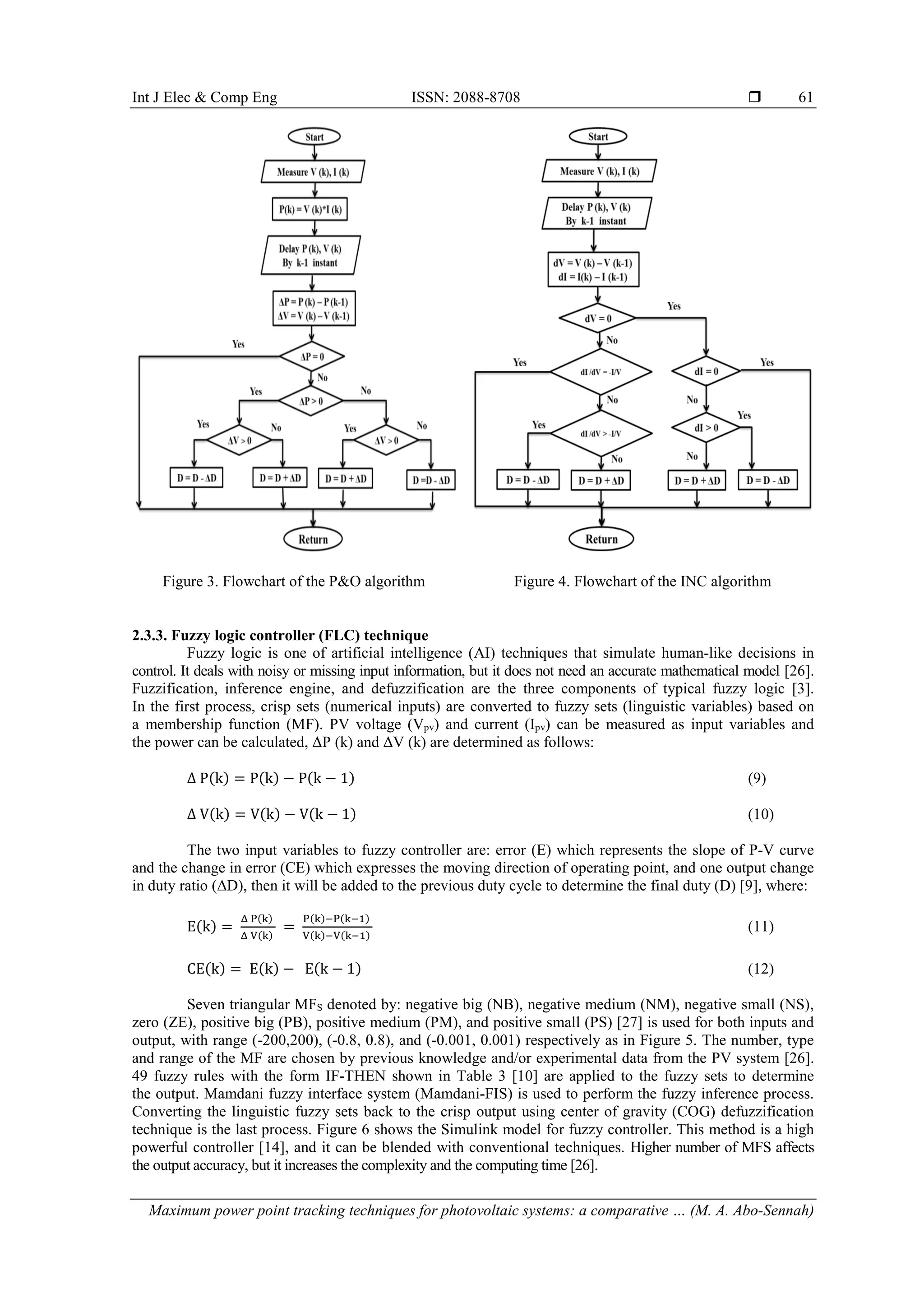 Int J Elec & Comp Eng ISSN: 2088-8708 
Maximum power point tracking techniques for photovoltaic systems: a comparative … (M. A. Abo-Sennah)
61
Figure 3. Flowchart of the P&O algorithm Figure 4. Flowchart of the INC algorithm
2.3.3. Fuzzy logic controller (FLC) technique
Fuzzy logic is one of artificial intelligence (AI) techniques that simulate human-like decisions in
control. It deals with noisy or missing input information, but it does not need an accurate mathematical model [26].
Fuzzification, inference engine, and defuzzification are the three components of typical fuzzy logic [3].
In the first process, crisp sets (numerical inputs) are converted to fuzzy sets (linguistic variables) based on
a membership function (MF). PV voltage (Vpv) and current (Ipv) can be measured as input variables and
the power can be calculated, ΔP (k) and ΔV (k) are determined as follows:
Δ P(k) = P(k) − P(k − 1) (9)
Δ V(k) = V(k) − V(k − 1) (10)
The two input variables to fuzzy controller are: error (E) which represents the slope of P-V curve
and the change in error (CE) which expresses the moving direction of operating point, and one output change
in duty ratio (ΔD), then it will be added to the previous duty cycle to determine the final duty (D) [9], where:
E(k) =
Δ P(k)
Δ V(k)
=
P(k)−P(k−1)
V(k)−V(k−1)
(11)
CE(k) = E(k) − E(k − 1) (12)
Seven triangular MFS denoted by: negative big (NB), negative medium (NM), negative small (NS),
zero (ZE), positive big (PB), positive medium (PM), and positive small (PS) [27] is used for both inputs and
output, with range (-200,200), (-0.8, 0.8), and (-0.001, 0.001) respectively as in Figure 5. The number, type
and range of the MF are chosen by previous knowledge and/or experimental data from the PV system [26].
49 fuzzy rules with the form IF-THEN shown in Table 3 [10] are applied to the fuzzy sets to determine
the output. Mamdani fuzzy interface system (Mamdani-FIS) is used to perform the fuzzy inference process.
Converting the linguistic fuzzy sets back to the crisp output using center of gravity (COG) defuzzification
technique is the last process. Figure 6 shows the Simulink model for fuzzy controller. This method is a high
powerful controller [14], and it can be blended with conventional techniques. Higher number of MFS affects
the output accuracy, but it increases the complexity and the computing time [26].
 