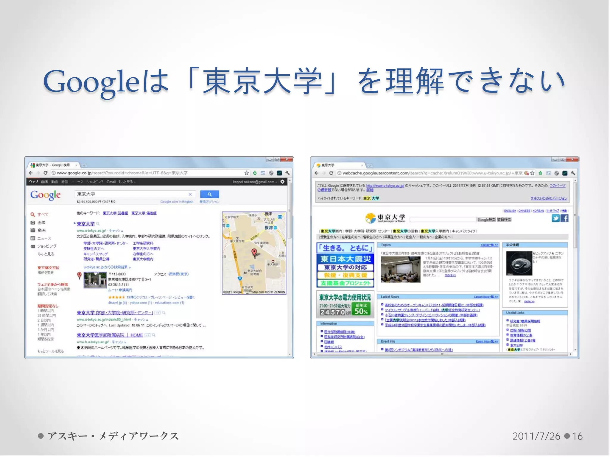 Googleは「東京大学」を理解できない




アスキー・メディアワークス    2011/7/26   16
 