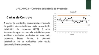 UFCD 0723 – Controlo Estatístico do Processo
Cartas de Controlo
A carta de controlo, comumente chamada
de gráfico de controlo ou carta de controlo
estatístico de processo (CEP), é uma
ferramenta que faz uso da estatística para
analisar a variação de dados em um certo
processo. Dessa forma, é possível
determinar se as variações dele estão
dentro do limite aceitável.
 