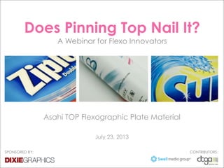 Does Pinning Top Nail It?
A Webinar for Flexo Innovators
Asahi TOP Flexographic Plate Material
July 23, 2013
SPONSORED BY: CONTRIBUTORS:
 