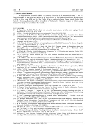  ISSN: 2089-9823
EduLearn Vol. 12, No. 3, August 2018 : 382 – 391
388
ACKNOWLEDGEMENTS
A big gratitude is addressed to Prof. Dr. Sunandar (reviewer 1), Dr. Rasiman (reviewer 2), and Dr.
Isnarto (reviewer 3) who have been willing to be the reviewers of this research instruments. Next gratitude
will be for Mrs. Lana, S.Pd. and Mr. Nur Cholis, S.Ag as teachers in Sultan Agung Islamic Junior High
School 4 Semarang, Indonesia, and for all students of Mathematics Education program in Sultan Agung
Islamic University who have helped the research.
REFERENCES
[1] S. Supandi dan Farikhah, "Analisis butir soal matematika pada instrumen uji coba materi segitiga," Jurnal
Kependidikan, vol.44(1), pp. 26–38, 2014.
[2] NCTM, " Principles and standards for school mathematics,"Reston. VA:NCTM, 2000.
[3] I. Kusmaryono, & D. Dwijanto, "Pengaruh Aktivitas Investigasi Terhadap Daya Matematis Siswa Dalam
Pembelajaran Matematika Saintifik,"Jurnal Cakrawala Pendidikan,Vol. 35(6), pp. 91–102, 2016. Retrieved from
https://journal.uny.ac.id/index.php/cp/browseSearch/sections/view?sectionId=3&searchPage=5
[4] H. Makhfud, & L. Lestari, "Pengembangan Instrumen Penilaian Pendidikan Karakter Terpadu," Jurnal
Paeagogia, vol. 18(2), pp. 1–9, 2015.
[5] M. K. Potter, & E. Kustra, “A Primer on Learning Outcomes and the SOLO Taxonomy,” in. Course Design for
Constructive Alignment, (Winter), pp. 1–22, 2012.
[6] BSNP, " Salinan Permendikbud R.I. Nomor 64 Tahun 2013: Tentang Standar Isi Pendidikan Dasar dan
Menengah," in Kemendikbud RI. Pub. L, 2013 pp. 1–114. Retrieved from
https://luk.staff.ugm.ac.id/atur/bsnp/Permendikbud64-2013StandarIsi.pdf
[7] G. O’Neill, & F. Murphy, “Guide To Taxonomies Of Learning,”.in UCD Teaching and Learning: Dublin. 2010.
Retrieved from: www.ucd.ie/t4cms/ucdtla0034.pdf
[8] OECD, "PISA 2015 Results in Focus," pp. 1–16, 2016. Retrieved from https://www.oecd.org/pisa/pisa-2015-
results-in-focus.pdf
[9] C. A. Feldhaus, “How Pre Service Elementary School Teachers’ Mathematical Dispositions are Influenced by
School Mathematics,”American International Journal of Contemporary Research, Vol. 4(6), pp. 91–97, 2014.
[10] S.Yeşildere, & E.Türnüklü, "An investigation of the components affecting knowledge construction processes of
students with differing mathematical power," Egitim Arastirmalari - Eurasian Journal of Educational Research,
vol.(31), pp.151–169, 2008.
[11] J. W. Creswell, " Research Design: Qualitative, Quantitative, and Mixed Methods Approaches," SAGE
Publications, Inc. 2455 Teller Road Thousand Oaks, California 91320, 2014.
[12] NCTM, "NCTM Evaluation Standard 10: Mathematical Disposition", 1989. Retrieved December 15, 2017,
http://webapp1.dlib.indiana.edu/virtual_disk_library/index.cgi/4273355/FID3542/DOCS/ENC2280/28023310.
[13] J. Beyers, "Development and evaluation of an instrument to assess prospective teachers ’ dispositions with respect
to mathematics," International Journal of Business and Social Science, vol. 2(16), pp. 20–33, 2011.
[14] N. Bikić, S.M. Maričić, & M. Pikula, "The effects of differentiation of content in problem-solving in learning
geometry in secondary school," Eurasia Journal of Mathematics, Science and Technology Education, vol. 12(11),
pp. 2783–2795. https://doi.org/10.12973/eurasia.2016.02304a
[15] I. Kusmaryono, & H. Suyitno, "The Effect of Constructivist Learning Using Scientific Approach on Mathematical
Power and Conceptual Understanding of Students Grade IV," Journal of Physics: Conference Series, vol. 693(1),
2016. https://doi.org/10.1088/1742-6596/693/1/012019
[16] B. Panjaitan,"Karakteristik Metakognisi Siswa," Jurnal Ilmu Pendidikan, vol. 21(1), pp. 19–28, 2015.
[17] D. Zingaro, “Group Investigation: Theory and Practice,” in Ontario Institute for Studies in Education, Toronto,
Ontario. Vol. 7, 2008. Retrieved from www.danielzingaro.com/gi.pdf
[18] J. L. Blanco, E. Guerrero, C. Carrasco, & B. Ana, "The Mathematics Enthusiast Cognition and Affect in
Mathematics Problem Solving with Prospective Teachers Cognition and Affect in Mathematics Problem Solving
with Prospective Teachers," The Mathematics Enthusiast, vol. 10(10), pp. 334–364, 2013.
[19] P. Pilten, “Evaluation of mathematical powers of 5th grade primary school students,” Procedia - Social and
Behavioral Sciences, Vol. 2(2), pp. 2975–2979, 2010.
[20] J. P. Mairing, "Kemampuan Siswa Kelas VIII SMP Dalam Memecahkan Masalah Matematika Berdasar Tingkat
Akreditasi," Jurnal Kependidikan: Penelitian Inovasi Pembelajaran, vol. 46(2), pp. 179–192., 2016. Retrieved
from https://journal.uny.ac.id/index.php/jk/article/view/9655/pdf
[21] Y. W. Purnomo, "Pengembangan Desain Pembelajaran Berbasis Penilaian Dalam Pembelajaran Matematika,"
Cakrawala Pendidikan, vol. 2(2), pp. 115–142, 2015.
[22] S.M. Şahin, & A, Baki, "A new model to assess Mathematical Power," Procedia - Social and Behavioral Sciences,
vol. 9, pp. 1368–1372, 2010. https://doi.org/10.1016/j.sbspro.2010.12.336
[23] P. Sullivan, B. Doug, & B. Clarke, "Teaching with tasks for effective mathematics learning : Review Book,"
Research in Mathematics Education, vol. 15(3), pp. 309–323, 2013.
[24] J. Biggs, & C. Tang, “Teaching For Quality Learning At University” Fourth Edition. In The Society for Research
into Higher Education. Berkshire: McGraw Hill and Open University Press. pp.1-418, 2011.
 