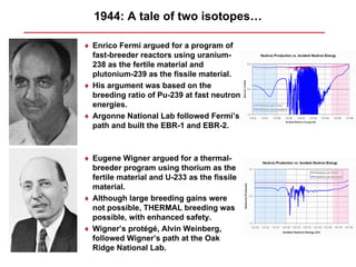 1944: A tale of two isotopes…

♦ Enrico Fermi argued for a program of
  fast-breeder reactors using uranium-
  238 as the fertile material and
  plutonium-239 as the fissile material.
♦ His argument was based on the
  breeding ratio of Pu-239 at fast neutron
  energies.
♦ Argonne National Lab followed Fermi’s
  path and built the EBR-1 and EBR-2.



♦ Eugene Wigner argued for a thermal-
  breeder program using thorium as the
  fertile material and U-233 as the fissile
  material.
♦ Although large breeding gains were
  not possible, THERMAL breeding was
  possible, with enhanced safety.
♦ Wigner’s protégé, Alvin Weinberg,
  followed Wigner’s path at the Oak
  Ridge National Lab.
 