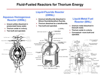 Fluid-Fueled Reactors for Thorium Energy

                                Liquid-Fluoride Reactor
                                        (ORNL)
Aqueous Homogenous
                                ♦ Uranium tetrafluoride dissolved in         Liquid-Metal Fuel
   Reactor (ORNL)                 lithium fluoride/beryllium fluoride.
                                                                              Reactor (BNL)
♦ Uranyl sulfate dissolved in   ♦ Thorium dissolved as a tetrafluoride.
  pressurized heavy water.      ♦ Two built and operated.                 ♦ Uranium metal dissolved in
♦ Thorium oxide in a slurry.                                                bismuth metal.
♦ Two built and operated.                                                 ♦ Thorium oxide in a slurry.
                                                                          ♦ Conceptual—none built and
                                                                            operated.
 