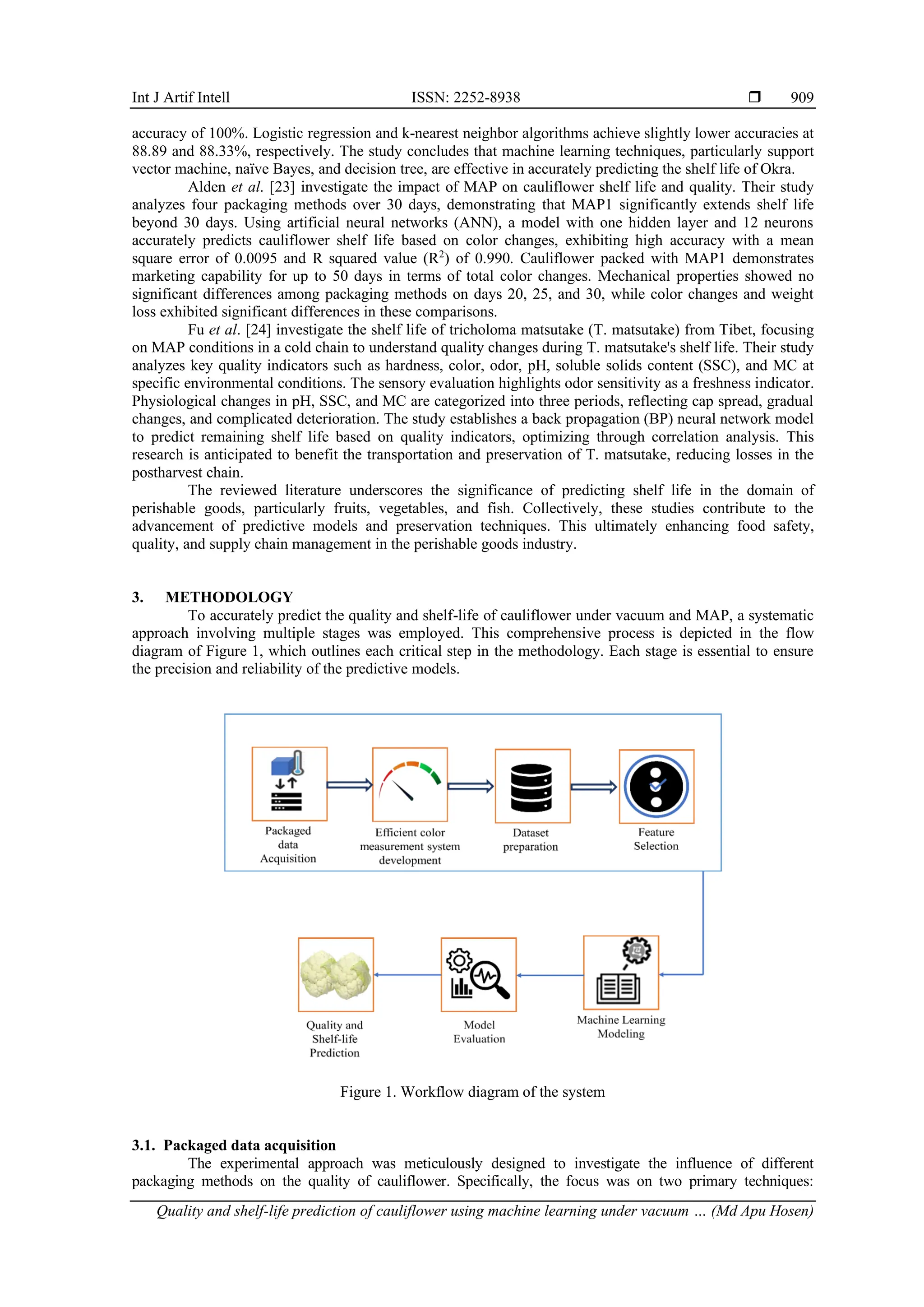 Int J Artif Intell ISSN: 2252-8938 
Quality and shelf-life prediction of cauliflower using machine learning under vacuum … (Md Apu Hosen)
909
accuracy of 100%. Logistic regression and k-nearest neighbor algorithms achieve slightly lower accuracies at
88.89 and 88.33%, respectively. The study concludes that machine learning techniques, particularly support
vector machine, naïve Bayes, and decision tree, are effective in accurately predicting the shelf life of Okra.
Alden et al. [23] investigate the impact of MAP on cauliflower shelf life and quality. Their study
analyzes four packaging methods over 30 days, demonstrating that MAP1 significantly extends shelf life
beyond 30 days. Using artificial neural networks (ANN), a model with one hidden layer and 12 neurons
accurately predicts cauliflower shelf life based on color changes, exhibiting high accuracy with a mean
square error of 0.0095 and R squared value (R2
) of 0.990. Cauliflower packed with MAP1 demonstrates
marketing capability for up to 50 days in terms of total color changes. Mechanical properties showed no
significant differences among packaging methods on days 20, 25, and 30, while color changes and weight
loss exhibited significant differences in these comparisons.
Fu et al. [24] investigate the shelf life of tricholoma matsutake (T. matsutake) from Tibet, focusing
on MAP conditions in a cold chain to understand quality changes during T. matsutake's shelf life. Their study
analyzes key quality indicators such as hardness, color, odor, pH, soluble solids content (SSC), and MC at
specific environmental conditions. The sensory evaluation highlights odor sensitivity as a freshness indicator.
Physiological changes in pH, SSC, and MC are categorized into three periods, reflecting cap spread, gradual
changes, and complicated deterioration. The study establishes a back propagation (BP) neural network model
to predict remaining shelf life based on quality indicators, optimizing through correlation analysis. This
research is anticipated to benefit the transportation and preservation of T. matsutake, reducing losses in the
postharvest chain.
The reviewed literature underscores the significance of predicting shelf life in the domain of
perishable goods, particularly fruits, vegetables, and fish. Collectively, these studies contribute to the
advancement of predictive models and preservation techniques. This ultimately enhancing food safety,
quality, and supply chain management in the perishable goods industry.
3. METHODOLOGY
To accurately predict the quality and shelf-life of cauliflower under vacuum and MAP, a systematic
approach involving multiple stages was employed. This comprehensive process is depicted in the flow
diagram of Figure 1, which outlines each critical step in the methodology. Each stage is essential to ensure
the precision and reliability of the predictive models.
Figure 1. Workflow diagram of the system
3.1. Packaged data acquisition
The experimental approach was meticulously designed to investigate the influence of different
packaging methods on the quality of cauliflower. Specifically, the focus was on two primary techniques:
 