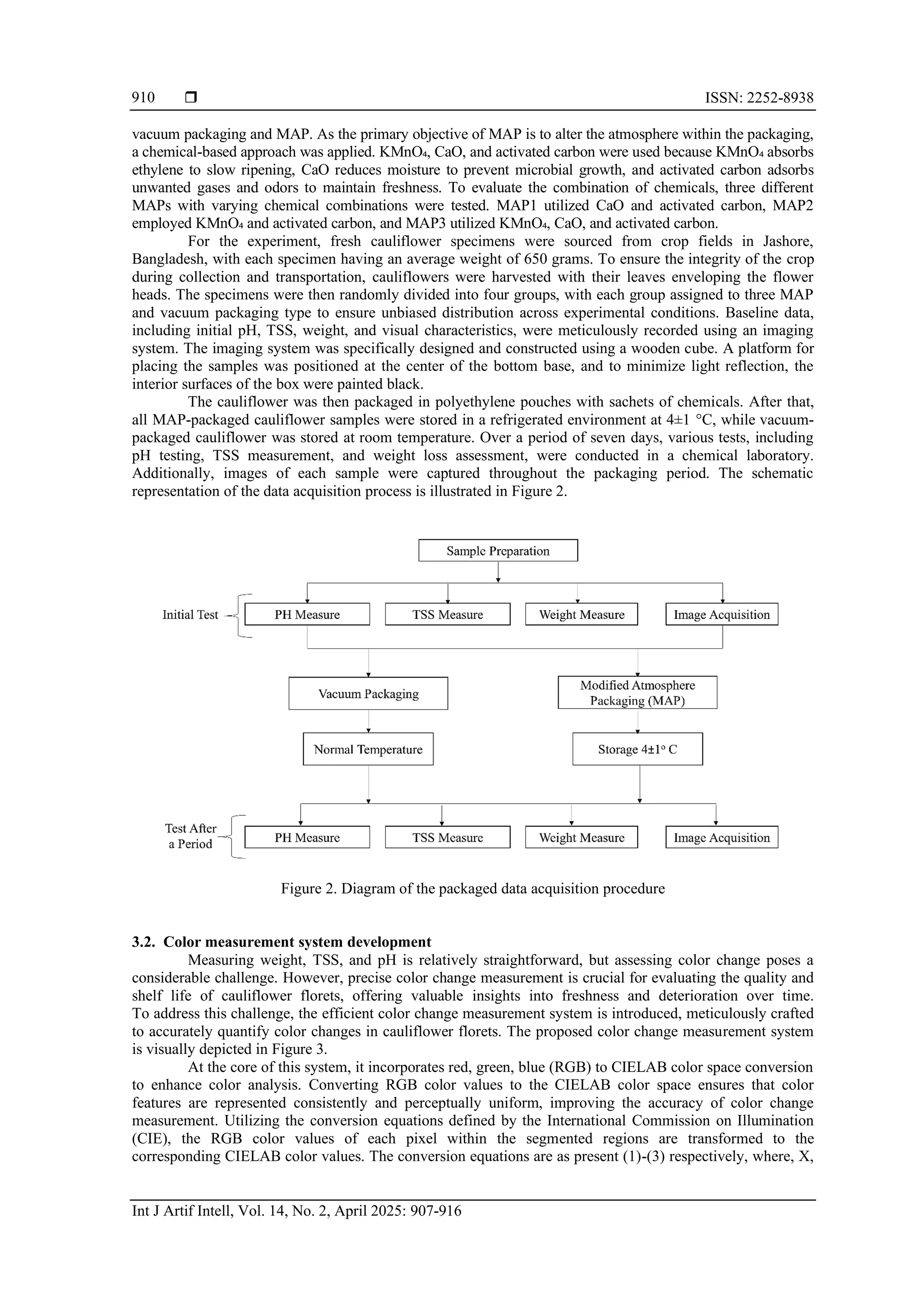  ISSN: 2252-8938
Int J Artif Intell, Vol. 14, No. 2, April 2025: 907-916
910
vacuum packaging and MAP. As the primary objective of MAP is to alter the atmosphere within the packaging,
a chemical-based approach was applied. KMnO₄, CaO, and activated carbon were used because KMnO₄ absorbs
ethylene to slow ripening, CaO reduces moisture to prevent microbial growth, and activated carbon adsorbs
unwanted gases and odors to maintain freshness. To evaluate the combination of chemicals, three different
MAPs with varying chemical combinations were tested. MAP1 utilized CaO and activated carbon, MAP2
employed KMnO₄ and activated carbon, and MAP3 utilized KMnO₄, CaO, and activated carbon.
For the experiment, fresh cauliflower specimens were sourced from crop fields in Jashore,
Bangladesh, with each specimen having an average weight of 650 grams. To ensure the integrity of the crop
during collection and transportation, cauliflowers were harvested with their leaves enveloping the flower
heads. The specimens were then randomly divided into four groups, with each group assigned to three MAP
and vacuum packaging type to ensure unbiased distribution across experimental conditions. Baseline data,
including initial pH, TSS, weight, and visual characteristics, were meticulously recorded using an imaging
system. The imaging system was specifically designed and constructed using a wooden cube. A platform for
placing the samples was positioned at the center of the bottom base, and to minimize light reflection, the
interior surfaces of the box were painted black.
The cauliflower was then packaged in polyethylene pouches with sachets of chemicals. After that,
all MAP-packaged cauliflower samples were stored in a refrigerated environment at 4±1 °C, while vacuum-
packaged cauliflower was stored at room temperature. Over a period of seven days, various tests, including
pH testing, TSS measurement, and weight loss assessment, were conducted in a chemical laboratory.
Additionally, images of each sample were captured throughout the packaging period. The schematic
representation of the data acquisition process is illustrated in Figure 2.
Figure 2. Diagram of the packaged data acquisition procedure
3.2. Color measurement system development
Measuring weight, TSS, and pH is relatively straightforward, but assessing color change poses a
considerable challenge. However, precise color change measurement is crucial for evaluating the quality and
shelf life of cauliflower florets, offering valuable insights into freshness and deterioration over time.
To address this challenge, the efficient color change measurement system is introduced, meticulously crafted
to accurately quantify color changes in cauliflower florets. The proposed color change measurement system
is visually depicted in Figure 3.
At the core of this system, it incorporates red, green, blue (RGB) to CIELAB color space conversion
to enhance color analysis. Converting RGB color values to the CIELAB color space ensures that color
features are represented consistently and perceptually uniform, improving the accuracy of color change
measurement. Utilizing the conversion equations defined by the International Commission on Illumination
(CIE), the RGB color values of each pixel within the segmented regions are transformed to the
corresponding CIELAB color values. The conversion equations are as present (1)-(3) respectively, where, X,
 