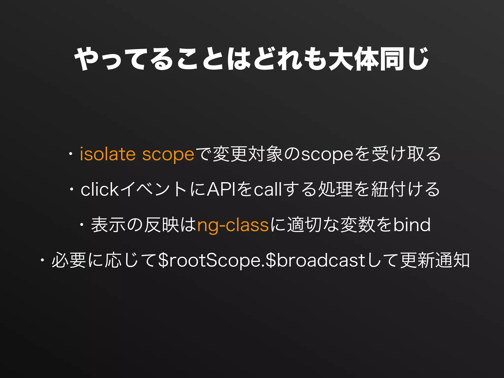やってることはどれも大体同じ
・isolate scopeで変更対象のscopeを受け取る
・clickイベントにAPIをcallする処理を紐付ける
・表示の反映はng-classに適切な変数をbind
・必要に応じて$rootScope.$broadcastして更新通知
 