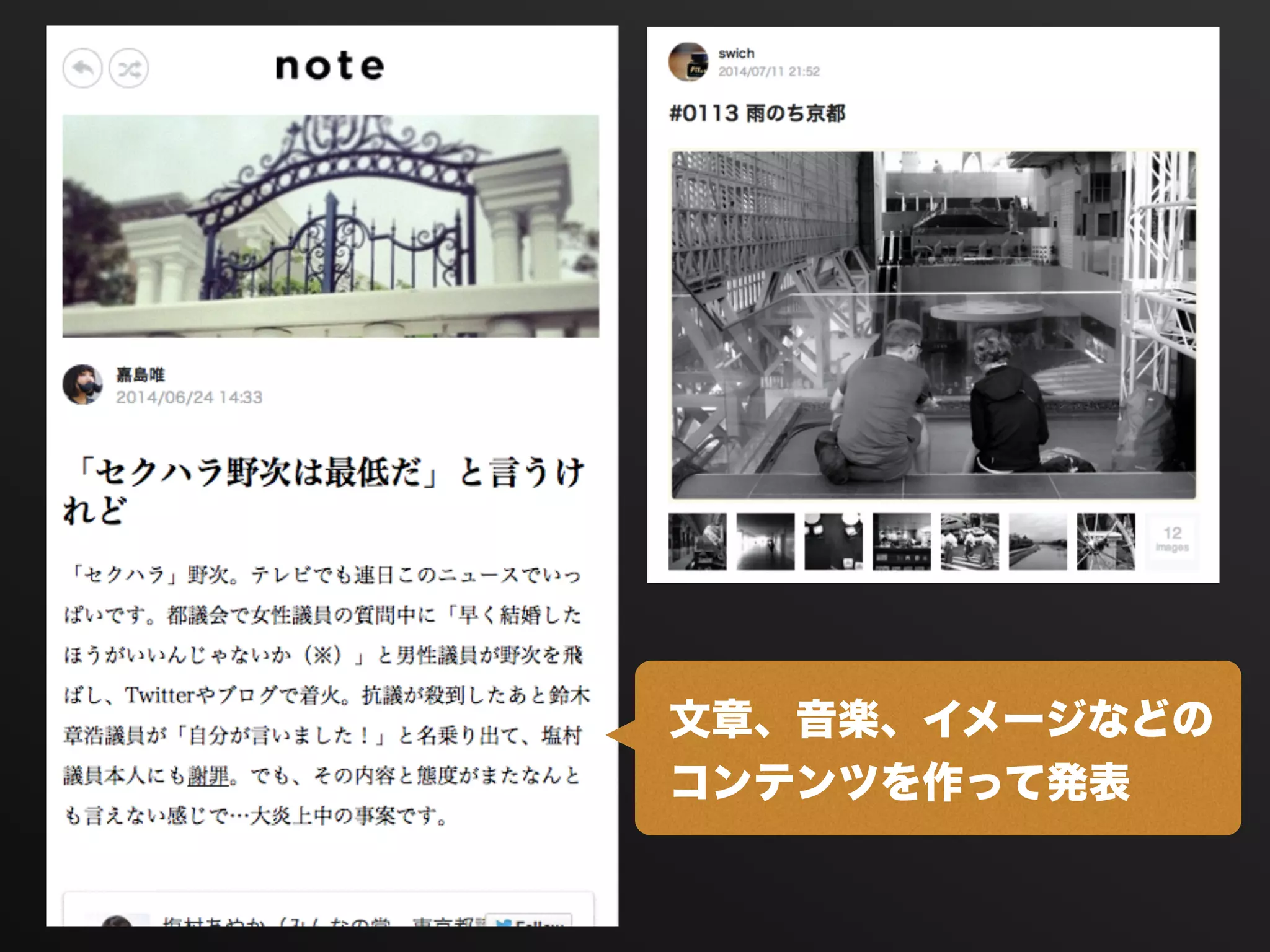 文章、音楽、イメージなどの
コンテンツを作って発表
 