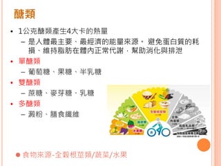 醣類
• 1公克醣類產生4大卡的熱量
– 是人體最主要、最經濟的能量來源。 避免蛋白質的耗
損、維持脂肪在體內正常代謝，幫助消化與排泄
• 單醣類
– 葡萄糖、果糖、半乳糖
• 雙醣類
– 蔗糖、麥芽糖、乳糖
• 多醣類
– 澱粉、膳食纖維
 食物來源-全穀根莖類/蔬菜/水果
 