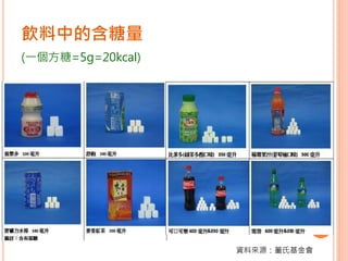 飲料中的含糖量
(一個方糖=5g=20kcal)
15
資料來源：董氏基金會
 