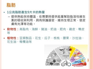 脂肪
• 1公克脂肪產生9大卡的熱量
– 提供熱能保持體溫，在需要時提供能量幫助脂溶性維生
素的吸收與利用，具有保護器官、維持生理正常，使皮
膚有光澤等功能。
• 動物性：高脂肉、海鮮、豬油、奶油、肥肉、雞皮、鴨皮
等
• 植物性：豆類製品、花生、瓜子、核桃、腰果、沙拉油、
花生油、橄欖油等
 