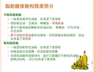 脂肪酸按飽和程度而分
不飽和脂肪酸
 一般是指植物性油脂，在常溫下是液態
 例如黃豆油、芝麻油、橄欖油、深海魚油
 單元不飽和脂肪酸較多的油品為: 橄欖油、芥花籽油、
花生油等
 椰子油和棕梠油雖來自植物，但卻是富含飽和脂肪，因此
在常溫下是固態
飽和脂肪酸
 一般是指動物性油脂，在常溫下是固態
 如豬油是白色固體、奶油是黃色固體
 但是魚油雖然是動物性，由於它是屬於不飽和的油脂
(EPA/DHA) ，所以在常溫下是液態
 