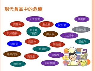 現代食品中的危機
高糖分
高鹽分
人工色素
反式脂肪
抗生素
塑化劑
防腐劑荷爾蒙
瘦肉精
三聚氰胺
順丁烯
二酸酐 禽流感
過期商品
人工香料
爌肉精
高油脂
碳酸氫銨
苯甲酸鹽
重金屬
冰醋酸
 