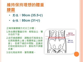 維持保持理想的體重
腰圍
正確測量腰圍方式分三步驟：
1.除去腰部覆蓋衣物，輕鬆站立，雙
手自然下垂
2.皮尺繞過腰部，調整皮尺高度在左
右兩側腸骨上緣（側腰骨盆上端骨
頭）、肋骨下緣的中間點，並讓皮
尺與地面保持水平，緊貼而不擠壓
皮膚。
3.在吐氣結束時，量取腰圍。
• 男性：90cm (35.5吋)
• 女性：80cm (31吋)
 
