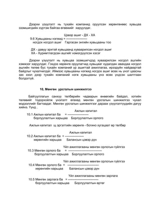 Дээрхи үзүүлэлт нь тухайн компанид оруулсан хөрөнгөнөөс хувьцаа
эзэмшигдийн хүртэж байгаа өгөөжийг харуулдаг.

                            Цэвэр ашиг - ДХ - ХА
       9.6 Хувьцааны нэгжид = --------------------
         ногдох ногдол ашиг Гаргасан энгийн хувьцааны тоо

       ДХ - давуу эрхтэй хувьцаанд хуваарилсан ногдол ашиг
       ХА - Хуримтлагдсан ашгийг нэмэгдүүлсэн хэсэг

      Дээрхи үзүүлэлт нь хувьцаа эзэмшигчдэд хуваарилсан ногдол ашгийн
хэмжээг харуулдаг. Гэхдээ хөрөнгө оруулагчид хувьцааг худалдан авахдаа ногдол
ашгийн төлөө бус тухайн компаний үр ашигтай ажиллагаа, ирээдүйн найдвартай
байдлыг чухалчилдаг. Иймээс хувьцааны нэгжид ногдох ашиг өсөх нь үнэт цаасны
зах зээл дээр тухайн компаний нэгж хувьцааны үнэ өсөх үндсэн шалтгаан
болдоггүй.


             10, Мөнгөн урсгалын шинжилгээ

      Байгууллагын санхүү төлбөрийн чадварын өнөөгийн байдал, хэтийн
төлөвийг тодорхойлж үнэлэлт өгөхөд мөнгөн урсгалын шинжилгээ чухал
мэдээллийг багтаадаг. Мөнгөн урсгалын шинжилгээг дараах үзүүлэлтүүдийн дагуу
хийнэ. Үүнд .
                                    Ажлын капитал
     10.1 Ажлын капитал ба = --------------------
          борлуулалтын харьцаа Борлуулалтын орлого

      Ажлын капитал щ эргэлтийн хөрөнгө - богино хугацаат өр төлбөр

                                Ажлын капитал
    10.2 Ажлын капитал ба = ------------------
         хөрөнгийн харьцаа    Балансын цэвэр дүн

                           Үйл ажиллагааны мөнгөн орлогын гүйлгээ
     10.3 Мөнгөн орлого ба = --------------------------------
          борлуулалтын харьцаа Борлуулалтын орлого

                             Үйл ажиллагааны мөнгөн орлогын гүйлгээ
      10.4 Мөнгөн орлого ба = ------------------------------
           хөрөнгийн харьцаа     Балансын цэвэр дүн

                               Үйл ажиллагааны мөнгөн зарлага
      10.5 Мөнгөн зарлага ба = -----------------------------
           борлуулалтын харьцаа      Борлуулалтын өртөг
 