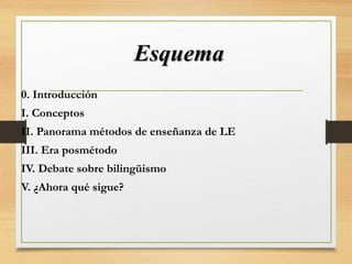 EsquemaEsquema
0. Introducción
I. Conceptos
II. Panorama métodos de enseñanza de LE
III. Era posmétodo
IV. Debate sobre bilingüismo
V. ¿Ahora qué sigue?
 