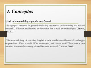 I. ConceptosI. Conceptos
¿Qué es la metodología para la enseñanza?
•Pedagogical practices in general (including theoretical underpinning and related
research). Whatever considerations are involved in how to teach are methodological (Brown,
2000b).
•The methodology of teaching English stands in relation with several challenges
or problems: What to teach?, What to teach for?, and How to teach? The answers to these
questions determine the nature of the problems to be dealt with (Tamura, 2006).
 