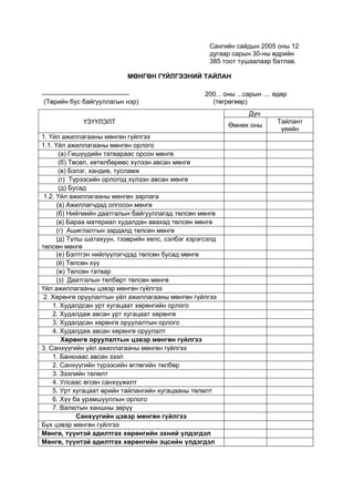 Сангийн сайдын 2005 оны 12
                                                      дугаар сарын 30-ны өдрийн
                                                      385 тоот тушаалаар батлав.

                                   МӨНГӨН ГҮЙЛГЭЭНИЙ ТАЙЛАН

----------------------------------------            200... оны ...сарын .... өдөр
 (Төрийн бус байгууллагын нэр)                        (төгрөгөөр)
                                                                   Дүн
                 ҮЗҮҮЛЭЛТ                                                    Тайлант
                                                            Өмнөх оны
                                                                              үеийн
1. Үйл ажиллагааны мөнгөн гүйлгээ
1.1. Үйл ажиллагааны мөнгөн орлого
       (а) Гишүүдийн татвараас орсон мөнгө
       (б) Төсөл, хөтөлбөрөөс хүлээн авсан мөнгө
       (в) Бэлэг, хандив, тусламж
       (г) Түрээсийн орлогод хүлээн авсан мөнгө
       (д) Бусад
 1.2. Үйл ажиллагааны мөнгөн зарлага
      (а) Ажиллагчдад олгосон мөнгө
      (б) Нийгмийн даатгалын байгууллагад төлсөн мөнгө
      (в) Бараа материал худалдан авахад төлсөн мөнгө
      (г) Ашиглалтын зардалд төлсөн мөнгө
      (д) Түлш шатахуун, тээврийн хөлс, сэлбэг хэрэгсэлд
төлсөн мөнгө
      (е) Бэлтгэн нийлүүлэгчдэд төлсөн бусад мөнгө
      (ё) Төлсөн хүү
      (ж) Төлсөн татвар
      (з) Даатгалын төлбөрт төлсөн мөнгө
Үйл ажиллагааны цэвэр мөнгөн гүйлгээ
 2. Хөрөнгө оруулалтын үйл ажиллагааны мөнгөн гүйлгээ
    1. Худалдсан урт хугацаат хөрөнгийн орлого
    2. Худалдаж авсан урт хугацаат хөрөнгө
    3. Худалдсан хөрөнгө оруулалтын орлого
    4. Худалдаж авсан хөрөнгө оруулалт
        Хөрөнгө оруулалтын цэвэр мөнгөн гүйлгээ
3. Санхүүгийн үйл ажиллагааны мөнгөн гүйлгээ
    1. Банкнаас авсан зээл
    2. Санхүүгийн түрээсийн өглөгийн төлбөр
    3. Зээлийн төлөлт
    4. Улсаас өгсөн санхүүжилт
    5. Урт хугацаат өрийн тайлангийн хугацааны төлөлт
    6. Хүү ба урамшууллын орлого
    7. Валютын ханшны зөрүү
             Санхүүгийн цэвэр мөнгөн гүйлгээ
Бүх цэвэр мөнгөн гүйлгээ
Мөнгө, түүнтэй адилтгах хөрөнгийн эхний үлдэгдэл
Мөнгө, түүнтэй адилтгах хөрөнгийн эцсийн үлдэгдэл
 
