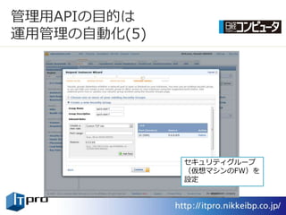 管理用APIの目的は
運用管理の自動化(5)




              セキュリテゖグループ
              （仮想マシンのFW）を
              設定
 