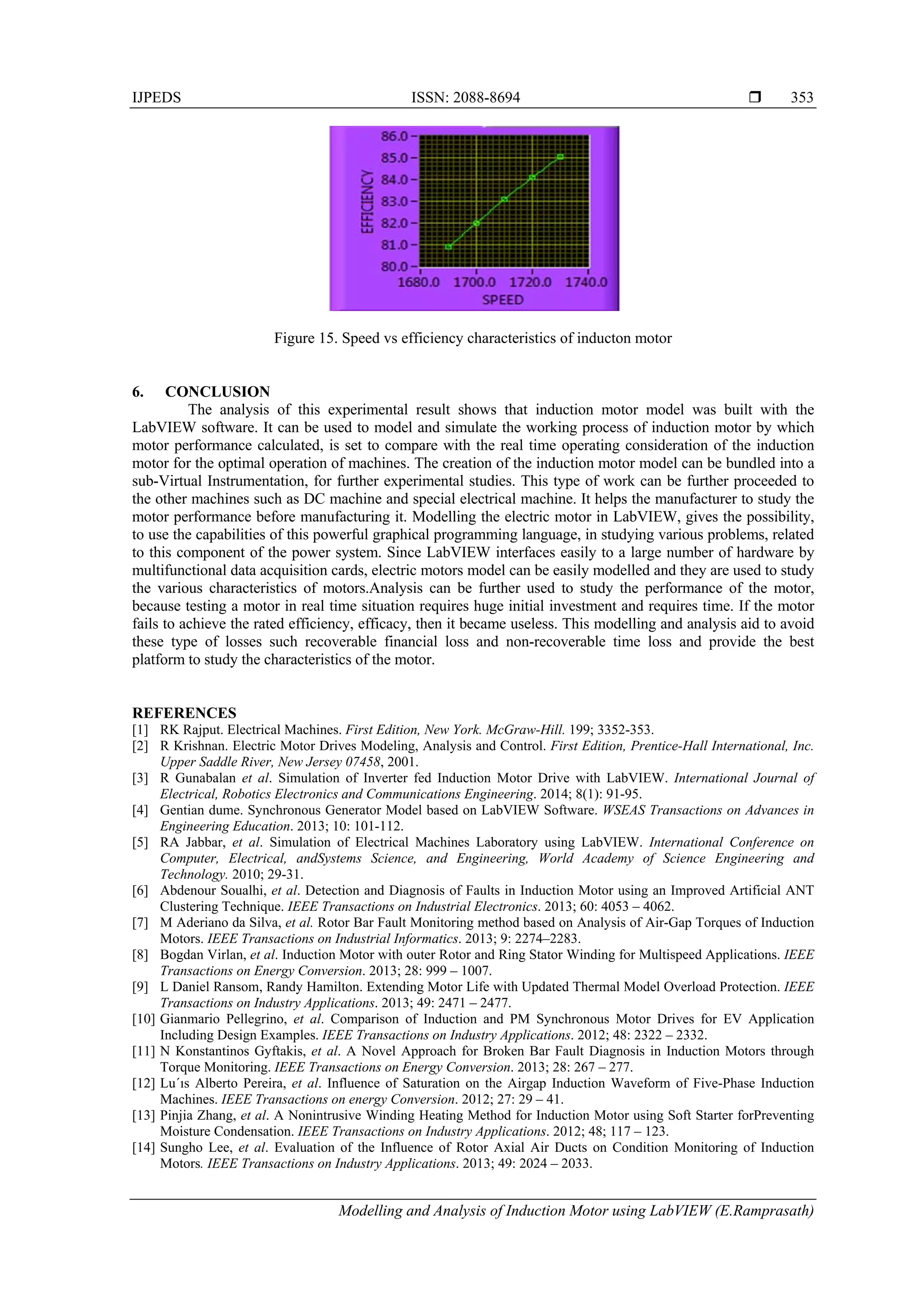 IJPEDS ISSN: 2088-8694 
Modelling and Analysis of Induction Motor using LabVIEW (E.Ramprasath)
353
Figure 15. Speed vs efficiency characteristics of inducton motor
6. CONCLUSION
The analysis of this experimental result shows that induction motor model was built with the
LabVIEW software. It can be used to model and simulate the working process of induction motor by which
motor performance calculated, is set to compare with the real time operating consideration of the induction
motor for the optimal operation of machines. The creation of the induction motor model can be bundled into a
sub-Virtual Instrumentation, for further experimental studies. This type of work can be further proceeded to
the other machines such as DC machine and special electrical machine. It helps the manufacturer to study the
motor performance before manufacturing it. Modelling the electric motor in LabVIEW, gives the possibility,
to use the capabilities of this powerful graphical programming language, in studying various problems, related
to this component of the power system. Since LabVIEW interfaces easily to a large number of hardware by
multifunctional data acquisition cards, electric motors model can be easily modelled and they are used to study
the various characteristics of motors.Analysis can be further used to study the performance of the motor,
because testing a motor in real time situation requires huge initial investment and requires time. If the motor
fails to achieve the rated efficiency, efficacy, then it became useless. This modelling and analysis aid to avoid
these type of losses such recoverable financial loss and non-recoverable time loss and provide the best
platform to study the characteristics of the motor.
REFERENCES
[1] RK Rajput. Electrical Machines. First Edition, New York. McGraw-Hill. 199; 3352-353.
[2] R Krishnan. Electric Motor Drives Modeling, Analysis and Control. First Edition, Prentice-Hall International, Inc.
Upper Saddle River, New Jersey 07458, 2001.
[3] R Gunabalan et al. Simulation of Inverter fed Induction Motor Drive with LabVIEW. International Journal of
Electrical, Robotics Electronics and Communications Engineering. 2014; 8(1): 91-95.
[4] Gentian dume. Synchronous Generator Model based on LabVIEW Software. WSEAS Transactions on Advances in
Engineering Education. 2013; 10: 101-112.
[5] RA Jabbar, et al. Simulation of Electrical Machines Laboratory using LabVIEW. International Conference on
Computer, Electrical, andSystems Science, and Engineering, World Academy of Science Engineering and
Technology. 2010; 29-31.
[6] Abdenour Soualhi, et al. Detection and Diagnosis of Faults in Induction Motor using an Improved Artificial ANT
Clustering Technique. IEEE Transactions on Industrial Electronics. 2013; 60: 4053 – 4062.
[7] M Aderiano da Silva, et al. Rotor Bar Fault Monitoring method based on Analysis of Air-Gap Torques of Induction
Motors. IEEE Transactions on Industrial Informatics. 2013; 9: 2274–2283.
[8] Bogdan Virlan, et al. Induction Motor with outer Rotor and Ring Stator Winding for Multispeed Applications. IEEE
Transactions on Energy Conversion. 2013; 28: 999 – 1007.
[9] L Daniel Ransom, Randy Hamilton. Extending Motor Life with Updated Thermal Model Overload Protection. IEEE
Transactions on Industry Applications. 2013; 49: 2471 – 2477.
[10] Gianmario Pellegrino, et al. Comparison of Induction and PM Synchronous Motor Drives for EV Application
Including Design Examples. IEEE Transactions on Industry Applications. 2012; 48: 2322 – 2332.
[11] N Konstantinos Gyftakis, et al. A Novel Approach for Broken Bar Fault Diagnosis in Induction Motors through
Torque Monitoring. IEEE Transactions on Energy Conversion. 2013; 28: 267 – 277.
[12] Lu´ıs Alberto Pereira, et al. Influence of Saturation on the Airgap Induction Waveform of Five-Phase Induction
Machines. IEEE Transactions on energy Conversion. 2012; 27: 29 – 41.
[13] Pinjia Zhang, et al. A Nonintrusive Winding Heating Method for Induction Motor using Soft Starter forPreventing
Moisture Condensation. IEEE Transactions on Industry Applications. 2012; 48; 117 – 123.
[14] Sungho Lee, et al. Evaluation of the Influence of Rotor Axial Air Ducts on Condition Monitoring of Induction
Motors. IEEE Transactions on Industry Applications. 2013; 49: 2024 – 2033.
 
