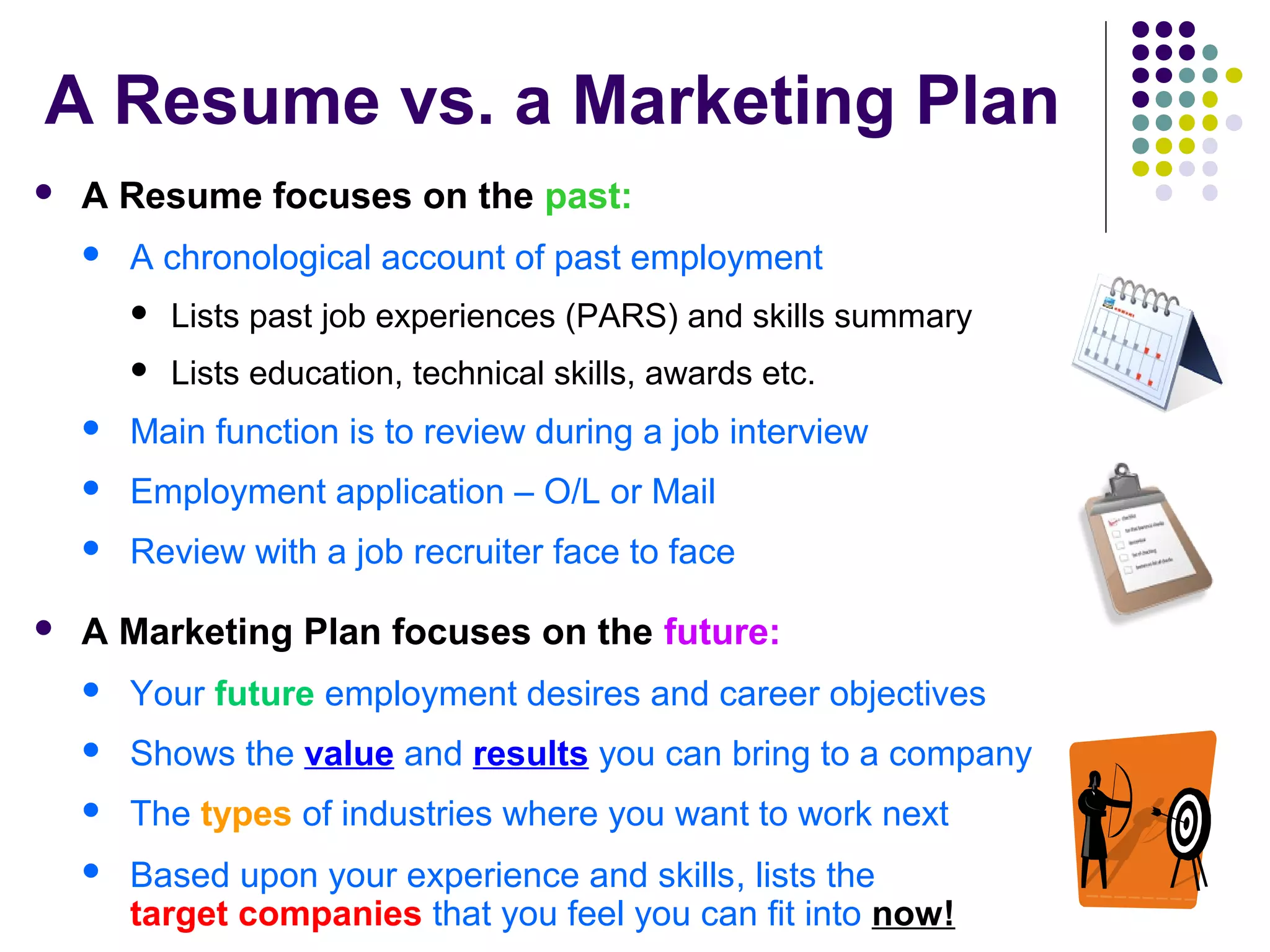 A Resume vs. a Marketing Plan
 A Resume focuses on the past:
 A chronological account of past employment
 Lists past job experiences (PARS) and skills summary
 Lists education, technical skills, awards etc.
 Main function is to review during a job interview
 Employment application – O/L or Mail
 Review with a job recruiter face to face
 A Marketing Plan focuses on the future:
 Your future employment desires and career objectives
 Shows the value and results you can bring to a company
 The types of industries where you want to work next
 Based upon your experience and skills, lists the
target companies that you feel you can fit into now!
 