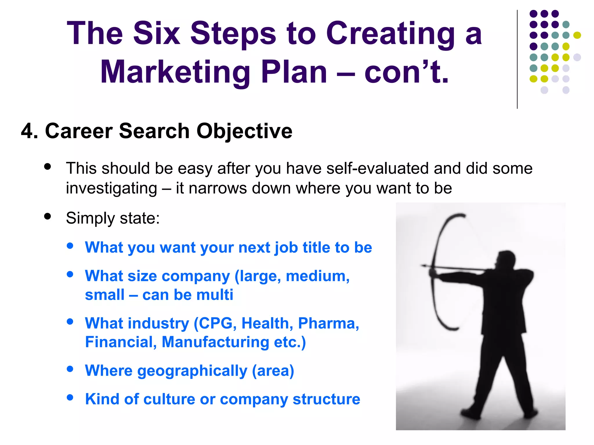 The Six Steps to Creating a
Marketing Plan – con’t.
4. Career Search Objective
 This should be easy after you have self-evaluated and did some
investigating – it narrows down where you want to be
 Simply state:
 What you want your next job title to be
 What size company (large, medium,
small – can be multi
 What industry (CPG, Health, Pharma,
Financial, Manufacturing etc.)
 Where geographically (area)
 Kind of culture or company structure
 