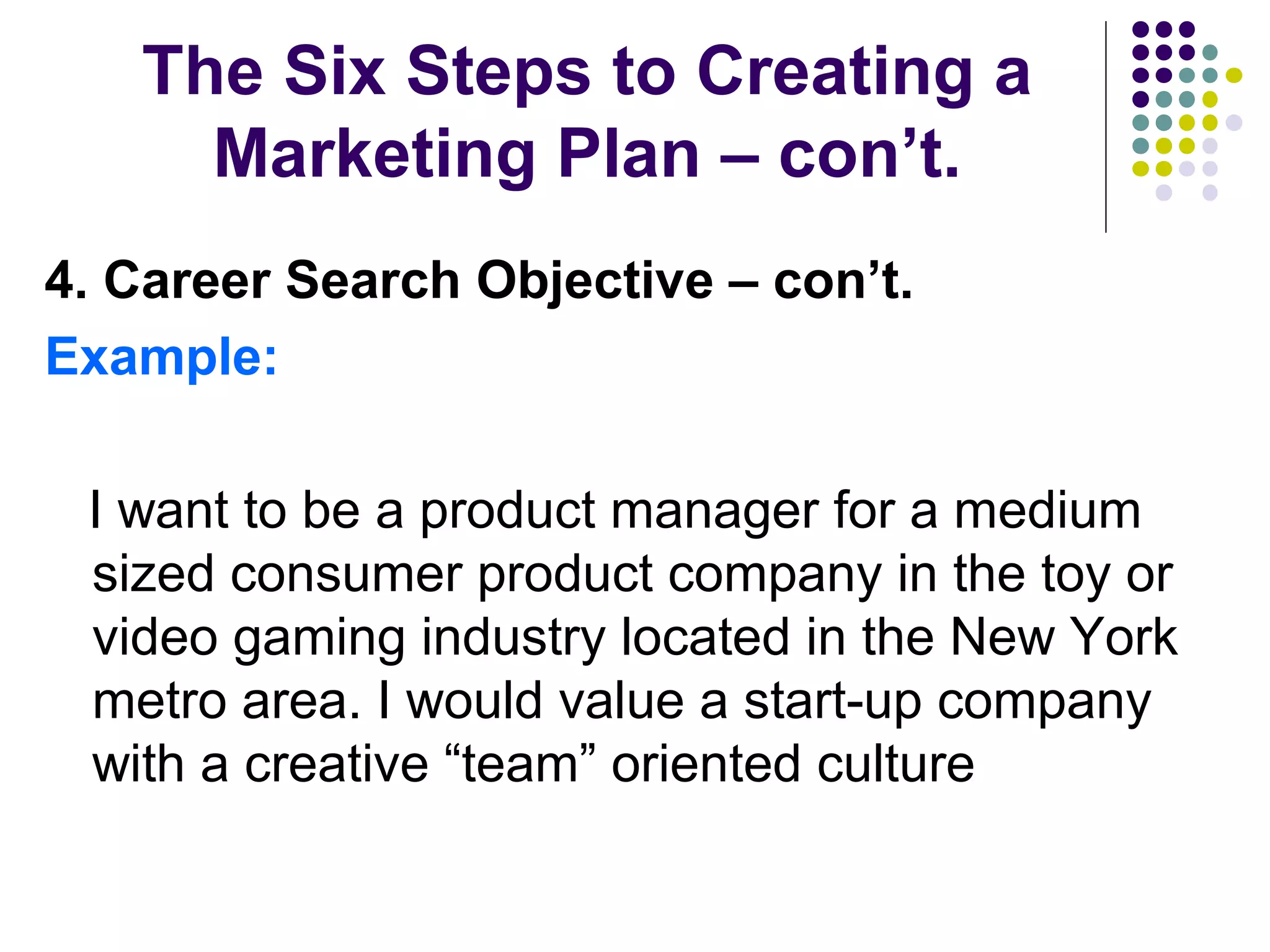 The Six Steps to Creating a
Marketing Plan – con’t.
4. Career Search Objective – con’t.
Example:
I want to be a product manager for a medium
sized consumer product company in the toy or
video gaming industry located in the New York
metro area. I would value a start-up company
with a creative “team” oriented culture
 