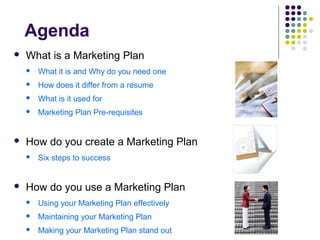 Agenda
 What is a Marketing Plan
 What it is and Why do you need one
 How does it differ from a resume
 What is it used for
 Marketing Plan Pre-requisites
 How do you create a Marketing Plan
 Six steps to success
 How do you use a Marketing Plan
 Using your Marketing Plan effectively
 Maintaining your Marketing Plan
 Making your Marketing Plan stand out
 