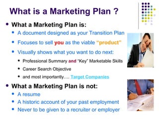 What is a Marketing Plan ?
 What a Marketing Plan is:
 A document designed as your Transition Plan
 Focuses to sell you as the viable “product”
 Visually shows what you want to do next:
 Professional Summary and “Key” Marketable Skills
 Career Search Objective
 and most importantly…. Target Companies
 What a Marketing Plan is not:
 A resume
 A historic account of your past employment
 Never to be given to a recruiter or employer
 