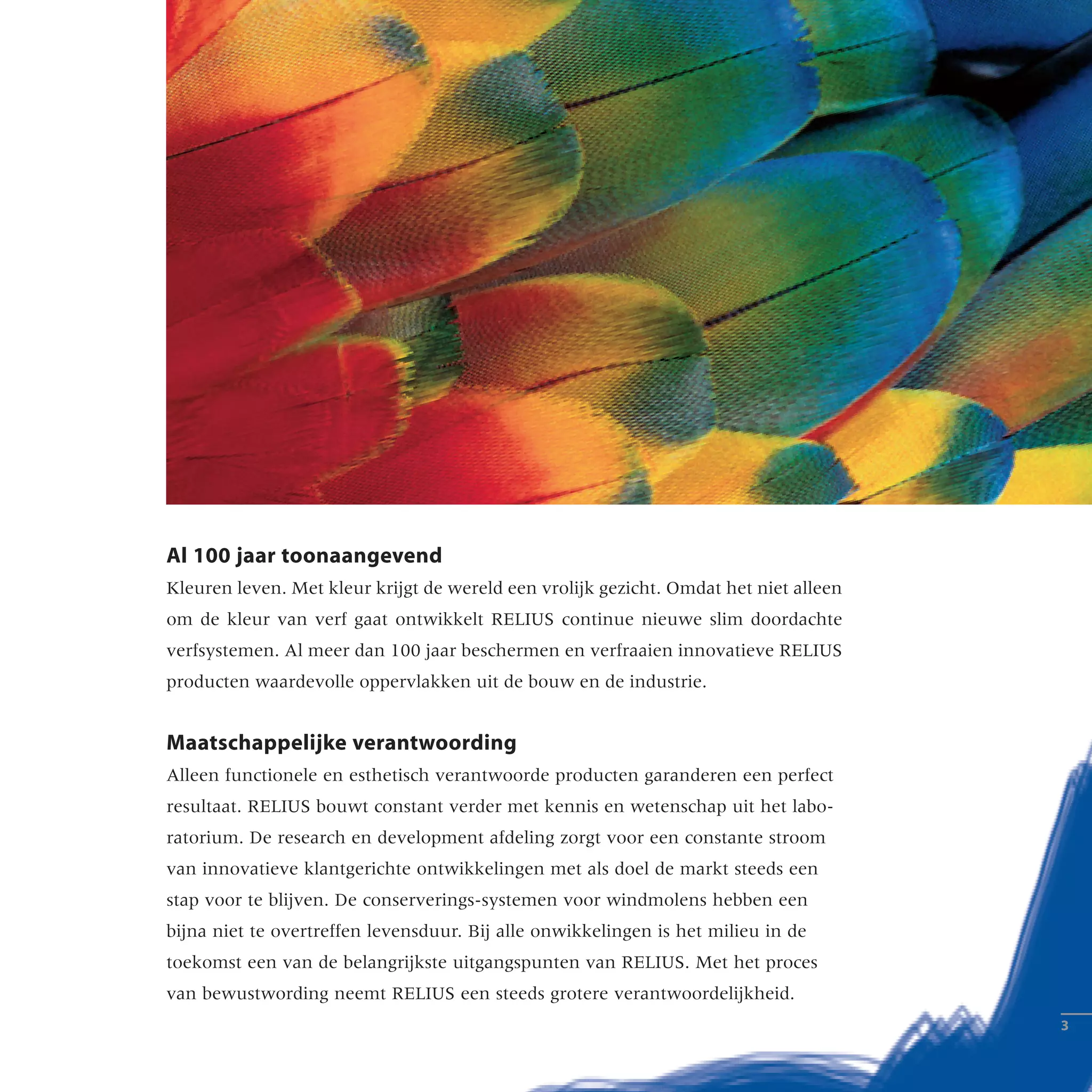 Al 100 jaar toonaangevend
Kleuren leven. Met kleur krijgt de wereld een vrolijk gezicht. Omdat het niet alleen
om de kleur van verf gaat ontwikkelt RELIUS continue nieuwe slim doordachte
verfsystemen. Al meer dan 100 jaar beschermen en verfraaien innovatieve RELIUS
producten waardevolle oppervlakken uit de bouw en de industrie.
Maatschappelijke verantwoording
Alleen functionele en esthetisch verantwoorde producten garanderen een perfect
resultaat. RELIUS bouwt constant verder met kennis en wetenschap uit het labo-
ratorium. De research en development afdeling zorgt voor een constante stroom
van innovatieve klantgerichte ontwikkelingen met als doel de markt steeds een
stap voor te blijven. De conserverings-systemen voor windmolens hebben een
bijna niet te overtreffen levensduur. Bij alle onwikkelingen is het milieu in de
toekomst een van de belangrijkste uitgangspunten van RELIUS. Met het proces
van bewustwording neemt RELIUS een steeds grotere verantwoordelijkheid.
­­
 