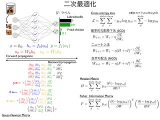 0.9
0.1
0
Labradoodle
Fried chicken
1
<latexit sha1_base64="Qrf0MYIwlAOrUIJFBxNweXaH96A=">AAAB/3icbVDLSsNAFL2pr1pfVZduBovgqiSi6EYounFZwbSFNpTJZNIOnUzCzEQsoQu/wK1+gTtx66f4Af6HkzYL23pg4HDOvdwzx084U9q2v63Syura+kZ5s7K1vbO7V90/aKk4lYS6JOax7PhYUc4EdTXTnHYSSXHkc9r2R7e5336kUrFYPOhxQr0IDwQLGcHaSO7T9bBv96s1u25PgZaJU5AaFGj2qz+9ICZpRIUmHCvVdexEexmWmhFOJ5VeqmiCyQgPaNdQgSOqvGwadoJOjBKgMJbmCY2m6t+NDEdKjSPfTEZYD9Wil4v/ed1Uh1dexkSSairI7FCYcqRjlP8cBUxSovnYEEwkM1kRGWKJiTb9zF0JVB5tYnpxFltYJq2zunNRt+/Pa42boqEyHMExnIIDl9CAO2iCCwQYvMArvFnP1rv1YX3ORktWsXMIc7C+fgH/kJbJ</latexit>
x = h0
<latexit sha1_base64="oeS8g7Am64cZNl7f2teu7TnWjwI=">AAACBHicdVDLSgMxFM3UV62vqks3wSK4GjKl1XYhFN24rGAf2A5DJpO2oZnMkGSEUrr1C9zqF7gTt/6HH+B/mGlHsKIHLhzOuZd77/FjzpRG6MPKrayurW/kNwtb2zu7e8X9g7aKEkloi0Q8kl0fK8qZoC3NNKfdWFIc+px2/PFV6nfuqVQsErd6ElM3xEPBBoxgbaS7xEMXHQ+NPOQVS8iu16r1Sg0iG82RkvJZvepAJ1NKIEPTK372g4gkIRWacKxUz0GxdqdYakY4nRX6iaIxJmM8pD1DBQ6pcqfzi2fwxCgBHETSlNBwrv6cmOJQqUnom84Q65H67aXiX14v0YOaO2UiTjQVZLFokHCoI5i+DwMmKdF8YggmkplbIRlhiYk2IS1tCVR62szk8v08/J+0y7ZTtdFNpdS4zBLKgyNwDE6BA85BA1yDJmgBAgR4BE/g2XqwXqxX623RmrOymUOwBOv9C3UxmK8=</latexit>
u0 = W0h0
<latexit sha1_base64="i98NF53nvMx1GTvIOlT02vBIGAA=">AAACBHicdVDLSsNAFL2pr1pfVZdugkVwFRKt2o1QdOOygn1gG8JkMmmHTiZhZiKU0K1f4Fa/wJ249T/8AP/DSVuhFT0wcDjnXu6Z4yeMSmXbn0ZhaXllda24XtrY3NreKe/utWScCkyaOGax6PhIEkY5aSqqGOkkgqDIZ6TtD69zv/1AhKQxv1OjhLgR6nMaUoyUlu5Tz7lse87Ac7xyxbHsCUzbOq9W7dOaJjPlx6rADA2v/NULYpxGhCvMkJRdx06UmyGhKGZkXOqlkiQID1GfdDXlKCLSzSaJx+aRVgIzjIV+XJkTdX4jQ5GUo8jXkxFSA/nby8W/vG6qwpqbUZ6kinA8PRSmzFSxmX/fDKggWLGRJggLqrOaeIAEwkqXtHAlkHm08Xwv/5PWieWcWfZttVK/mjVUhAM4hGNw4ALqcAMNaAIGDk/wDC/Go/FqvBnv09GCMdvZhwUYH988fpiK</latexit>
u1 = W1h1
<latexit sha1_base64="4dcnyKt/ee7kGXZ6S3uBkWEAkPc=">AAACHXicdVDLSsNAFJ3UV62vqEs3o0VwVRKt2mXRjcsK9gFNCJPJpB06mYSZiVBC136GX+BWv8CduBU/wP9w0ka0ohcGzj3nvub4CaNSWda7UVpYXFpeKa9W1tY3NrfM7Z2OjFOBSRvHLBY9H0nCKCdtRRUjvUQQFPmMdP3RZa53b4mQNOY3apwQN0IDTkOKkdKUZ+47oUA4cxIkFEUMpp49+c6GOvPMql2zpgGt2lm9bp00NCiYL6kKimh55ocTxDiNCFeYISn7tpUoN8tHYkYmFSeVJEF4hAakryFHEZFuNv3KBB5qJoBhLPTjCk7Znx0ZiqQcR76ujJAayt9aTv6l9VMVNtyM8iRVhOPZojBlUMUw9wUGVBCs2FgDhAXVt0I8RNobpd2b2xLI/LQ5X/4HneOafVqzruvV5kXhUBnsgQNwBGxwDprgCrRAG2BwBx7AI3gy7o1n48V4nZWWjKJnF8yF8fYJDnqjNw==</latexit>
@u1
@h1
<latexit sha1_base64="60kCDCJfdCUFlI7azaDnN8WmG14=">AAACHXicdVDLSsNAFJ3UV62vqEs3o0VwVRJRbHdFNy4r2Ae0IUwmk3boZBJmJkIJWfsZfoFb/QJ34lb8AP/DSRuxFT0wcObc9/FiRqWyrA+jtLS8srpWXq9sbG5t75i7ex0ZJQKTNo5YJHoekoRRTtqKKkZ6sSAo9BjpeuOrPN69I0LSiN+qSUycEA05DShGSkuueTgIBMLpIEZCUcTgyLWzn1/iWplrVq2aNQWcI41G3a43oF0oVVCg5ZqfAz/CSUi4wgxJ2betWDlp3hIzklUGiSQxwmM0JH1NOQqJdNLpKRk81ooPg0joxxWcqvMVKQqlnISezgyRGsnfsVz8K9ZPVFB3UsrjRBGOZ4OChEEVwdwX6FNBsGITTRAWVO8K8Qhpb5R2b2GKL/PVcl++j4f/k85pzT6vWTdn1eZl4VAZHIAjcAJscAGa4Bq0QBtgcA8ewRN4Nh6MF+PVeJulloyiZh8swHj/AiX8o0g=</latexit>
@h1
@u0
<latexit sha1_base64="2g++4FK2qtbTNVizFSiWmGPzmRk=">AAACHXicdVDLSsNAFJ34rPUVdelmtAiuQlJabXdFNy4r2Ac0IUwmk3bo5MHMRCihaz/DL3CrX+BO3Iof4H84aSNa0QMD555779x7j5cwKqRpvmtLyyura+uljfLm1vbOrr633xVxyjHp4JjFvO8hQRiNSEdSyUg/4QSFHiM9b3yZ53u3hAsaRzdykhAnRMOIBhQjqSRXP7IDjnBmJ4hLihhMXXP6HfVU5OoV02g26s1aA5qGOUNOqmfNugWtQqmAAm1X/7D9GKchiSRmSIiBZSbSyfIvMSPTsp0KkiA8RkMyUDRCIRFONjtlCk+U4sMg5upFEs7Unx0ZCoWYhJ6qDJEcid+5XPwrN0hl0HAyGiWpJBGeDwpSBmUMc1+gTznBkk0UQZhTtSvEI6S8kcq9hSm+yFfLffk6Hv5PulXDqhvmda3SuigcKoFDcAxOgQXOQQtcgTboAAzuwAN4BE/avfasvWiv89Ilreg5AAvQ3j4BLYSjTA==</latexit>
@u0
@W0
<latexit sha1_base64="+jqY1jG3/sRBUYetLzlPwiYD6Ak=">AAACBnicdVDLSsNAFL3xWeur6tLNYBHqpiQq2i6EohuXFewD2hAmk0k7dPJgZiKU0L1f4Fa/wJ249Tf8AP/DSRuhFT0wcDjnXu6Z48acSWWan8bS8srq2npho7i5tb2zW9rbb8soEYS2SMQj0XWxpJyFtKWY4rQbC4oDl9OOO7rJ/M4DFZJF4b0ax9QO8CBkPiNYaak/dKwr3zEriWOeOKWyWTWnQHOkXq9ZtTqycqUMOZpO6avvRSQJaKgIx1L2LDNWdoqFYoTTSbGfSBpjMsID2tM0xAGVdjrNPEHHWvGQHwn9QoWm6vxGigMpx4GrJwOshvK3l4l/eb1E+TU7ZWGcKBqS2SE/4UhFKCsAeUxQovhYE0wE01kRGWKBidI1LVzxZBZtonv5+Tz6n7RPq9ZF9ezuvNy4zhsqwCEcQQUsuIQG3EITWkAghid4hhfj0Xg13oz32eiSke8cwAKMj289EpkS</latexit>
h1 = f0(u0)
<latexit sha1_base64="YsNX+xavKPnYRsukvqtfuULWxoM=">AAACBHicbVDLSsNAFJ3UV62vqks3g0Wom5C0anUhFN24rGAf2IYwmUzaoZNJmJkIpXTrF7jVL3Anbv0PP8D/cNIGsdUDA4dz7uWeOV7MqFSW9WnklpZXVtfy64WNza3tneLuXktGicCkiSMWiY6HJGGUk6aiipFOLAgKPUba3vA69dsPREga8Ts1iokToj6nAcVIaek+vgxcu5y49rFbLFmmNQW0zNNaxbqowh/FzkgJZGi4xa+eH+EkJFxhhqTs2lasnDESimJGJoVeIkmM8BD1SVdTjkIinfE08QQeacWHQST04wpO1d8bYxRKOQo9PRkiNZCLXir+53UTFZw7Y8rjRBGOZ4eChEEVwfT70KeCYMVGmiAsqM4K8QAJhJUuae6KL9NoE92LvdjCX9KqmPaZWb09KdWvsoby4AAcgjKwQQ3UwQ1ogCbAgIMn8AxejEfj1Xgz3mejOSPb2QdzMD6+Af4MmGY=</latexit>
p = f1(u1)
二次最適化
<latexit sha1_base64="eGta8ATILI7rVM5edzp7/uMnFog=">AAAB+3icbVDLSsNAFJ3UV62vqks3g0VwVRIVdVl047IF+4A2lMnkph06mYSZiRBCvsCtfoE7cevH+AH+h5M2C1s9MHA4517umePFnClt219WZW19Y3Orul3b2d3bP6gfHvVUlEgKXRrxSA48ooAzAV3NNIdBLIGEHoe+N7sv/P4TSMUi8ajTGNyQTAQLGCXaSJ10XG/YTXsO/Jc4JWmgEu1x/XvkRzQJQWjKiVJDx461mxGpGeWQ10aJgpjQGZnA0FBBQlBuNg+a4zOj+DiIpHlC47n6eyMjoVJp6JnJkOipWvUK8T9vmOjg1s2YiBMNgi4OBQnHOsLFr7HPJFDNU0MIlcxkxXRKJKHadLN0xVdFtNz04qy28Jf0LprOdfOyc9Vo3ZUNVdEJOkXnyEE3qIUeUBt1EUWAntELerVy6816tz4WoxWr3DlGS7A+fwCA+ZVy</latexit>
y
Forward propagation
Backward propagation
Cross entropy loss
確率的勾配降下法 (SGD)
：ラベル
ニュートン法
<latexit sha1_base64="BpaiO7b9hbl/rfkDJL7cM+CMhk8=">AAACNHicbVDLSsNAFJ34rO+qSzeDRRDEkqhoN0LRjQsXFawtNCXcTCc6dPJg5kYoIb/iZ/gFbnUvuJNu/QYntYhVDwwczn2dOX4ihUbbfrWmpmdm5+ZLC4tLyyura+X1jRsdp4rxJotlrNo+aC5FxJsoUPJ2ojiEvuQtv39e1Fv3XGkRR9c4SHg3hNtIBIIBGskr11pehntOftrycN/lCG6ggGVuAgoFSDcEvGMgs8s8/xap6c29csWu2iPQv8QZkwoZo+GVh24vZmnII2QStO44doLdrFjJJM8X3VTzBFgfbnnH0AhCrrvZ6Ic53TFKjwaxMi9COlJ/TmQQaj0IfdNZONa/a4X4X62TYlDrZiJKUuQR+zoUpJJiTIu4aE8ozlAODAGmhPFK2R2YiNCEOnGlpwtrRS7O7xT+kpuDqnNcPbw6qtTPxgmVyBbZJrvEISekTi5IgzQJIw/kiTyTF+vRerPereFX65Q1ntkkE7A+PgFacq02</latexit>
Wt+1 = Wt ⌘
@L
@Wt
<latexit sha1_base64="n5rjZ5Qg/xL62RwL7jDIoRo0hhc=">AAACU3icbVDLSgMxFE3HV31Uqy7dBIvgpmVGRd0IRTcuXCjYB3RquZOkNTTzIMkIZZhP8zNcuBZ3+gVuzExHsNYLgXPPuYd7c7xIcKVt+7VkLSwuLa+UV9fWNyqbW9XtnbYKY0lYi4QilF0PFBM8YC3NtWDdSDLwPcE63vgq0ztPTCoeBvd6ErG+D6OADzkBbahBteP6oB8JiOQmvXBV7A8Smj4kFDSk05aYlghQKq1PTEdTV4QjHOVw6qDFfP1HsWk6qNbshp0XngdOAWqoqNtB9d2lIYl9Fuh8W8+xI91PQGpOBEvX3FixCMgYRqxnYAA+U/0kDyDFB4aheBhK8wKNc/a3IwFfqYnvmcnsu+qvlpH/ab1YD8/7CQ+iWLOATBcNY4F1iLM0MeWSES0mBgCR3NyKySNIINpkPrOFquy0LBfnbwrzoH3UcE4bx3cnteZlkVAZ7aF9dIgcdIaa6BrdohYi6Bm9oQ/0WXopfVmWtTgdtUqFZxfNlFX5BvKjuGo=</latexit>
L =
data
X
d
class
X
c
ycd log pcd =
data
X
d
log p0d
0番目のクラス以外はyが0
<latexit sha1_base64="jJqM+7iD0K9mFlT0b4KMrfuNcuY=">AAACSHicbVBdS9xAFJ2s36u1qz72ZXApKOKStEX7IohCaWEfLHRdYbMNN7M3OjiZhJmbwhLyp/wZ/gJ9VPC9b6VvnawLrdoDA4dzv86cOFfSku/feo2Z2bn5hcWl5vLKq9XXrbX1U5sVRmBPZCozZzFYVFJjjyQpPMsNQhor7MeXx3W9/wONlZn+RuMchymca5lIAeSkqNXtRyXtBNVBP6LdEAm2Pu2EmFupMs2/bH8vd4MqTAyIMszBkATFwxToQoAqu1X1V3XzVdRq+x1/Av6SBFPSZlOcRK2HcJSJIkVNQoG1g8DPaVjWK4XCqhkWFnMQl3COA0c1pGiH5eTXFX/rlBFPMuOeJj5R/50oIbV2nMaus3Zsn9dq8X+1QUHJx2EpdV4QavF4KCkUp4zXEfKRNChIjR0BYaTzysUFuIzIBf3kysjW1upcgucpvCSn7zrBXuf91w/tw6NpQovsDdtkWyxg++yQfWYnrMcEu2I37I7de9feT++X9/uxteFNZzbYEzQafwAK6rNU</latexit>
Wt+1 = Wt ⌘(F + ✏I) 1 @L
@Wt
<latexit sha1_base64="UewtE/fDOnWMzvPBtTmXUd0cysU=">AAACSHicbVDLShxBFK0e38bHmCyzKRwEgzh0m6BuAhI3Ci4UHEeYHpvbNbe1sLq6qbotDE3/lJ+RL0iWEbJ3J9mlehzweaDgcO7r1IlzJS35/m+vMTE5NT0zOzf/YWFxabm58vHMZoUR2BGZysx5DBaV1NghSQrPc4OQxgq78fV+Xe/eoLEy06c0zLGfwqWWiRRAToqaR92opI2g+t6NaDNEgvWDjRBzK1Wm+eGXi3IzqMLEgCjDHAxJUDxMga4EqPKoqp5UN19FzZbf9kfgb0kwJi02xnHU/BsOMlGkqEkosLYX+Dn1y3qlUFjNh4XFHMQ1XGLPUQ0p2n45+nXF15wy4Elm3NPER+rziRJSa4dp7Dprx/Z1rRbfq/UKSnb7pdR5QajF46GkUJwyXkfIB9KgIDV0BISRzisXV+AyIhf0iysDW1urcwlep/CWnG21g+3215Nvrb0f44Rm2We2ytZZwHbYHjtgx6zDBLtlv9gfduf99O69B+/fY2vDG898Yi/QaPwHDoyzVg==</latexit>
Wt+1 = Wt ⌘(H + ✏I) 1 @L
@Wt
自然勾配法 (NGD)
Hessian Matrix
<latexit sha1_base64="J/eT61UPlf4/Zpervl7KdtRMB4E=">AAACTHicbVDLSsNAFJ3U9zvq0s1gEerCklRRN0LRTZcVrBWaNtxMJnVw8mBmIpSQ3/Iz3Atu6xe4E8FJWkSrFwbOnHPvnDvHSziTyrJejMrc/MLi0vLK6tr6xuaWub1zK+NUENohMY/FnQeSchbRjmKK07tEUAg9Trvew1Whdx+pkCyObtQoof0QhhELGAGlKddsty4cmYauP8h8UJCXFzLICAcp85GbET93AgEkcxIQigEfNGpHDo+HOCnFw/xbwd1BI3fNqlW3ysJ/gT0FVTSttmuOHT8maUgjVZr2bCtR/ax4knCarzqppAmQBxjSnoYRhFT2s/LnOT7QjI+DWOgTKVyyPycyCKUchZ7uDEHdy1mtIP/TeqkKzvsZi5JU0YhMjIKUYxXjIkbsM0GJ4iMNgAimd8XkHnROSof9y8WXxWpFLvZsCn/BbaNun9aPr0+qzctpQstoD+2jGrLRGWqiFmqjDiLoCb2iMXozno1348P4nLRWjOnMLvpVlcUvVVy2ew==</latexit>
H =
data
X
d
class
X
c
ycd
@2
( log pcd)
@W2
Fisher Information Matrix
<latexit sha1_base64="4+ok3dn+3WEzhQuWD4QWl/PV5n0=">AAACj3icnVHLTttAFB2bFtJQIMCyi46IKiWLRjYgYAOKWqlqdyARghQn1vV4nIwyfmjmGimy/BV8HR/Qj+iuYycSzxVXGunMOfelc4NMCo2O82DZax8+rm80PjU3P29t77R29250mivGByyVqboNQHMpEj5AgZLfZopDHEg+DOY/K314x5UWaXKNi4yPY5gmIhIM0FB+6/7Xuafz2A8nRQgIZf1hk4JJ0LrM/IKFpSd5hB0vUsAKLwOFAiTtfPdkOqXLjG75KAxLT4npDLuT63cW+q2203PqoK+BuwJtsopLv/XXC1OWxzzBeu+R62Q4Lqq+TPKy6eWaZ8DmMOUjAxOIuR4XtXkl/WaYkEapMi9BWrNPKwqItV7EgcmMAWf6pVaRb2mjHKOzcSGSLEeesOWgKJcUU1pdgoZCcYZyYQAwJcyulM3AeIXmXs+mhLparTS+uC9deA1uDnvuSe/o6rjd/7FyqEG+kAPSIS45JX3ym1ySAWHkn/XV6lhde9c+tS/s/jLVtlY1++RZ2H/+A5X9y0Y=</latexit>
F =
data
X
d
class
X
c
pcd
✓
@( log pcd)
@W
◆T ✓
@( log pcd)
@W
◆
<latexit sha1_base64="jb0lx9ewDeWcpdT4TYMCFgH2XhM=">AAACJnicbVDLSsNAFJ3UV62vqEs3g0UQFyVRUTdC0Y0LFxXsA5oQJtNJO3QyCTMToYT8g5/hF7jVL3An4s6N/+GkDWhbDwwczn2dOX7MqFSW9WmUFhaXllfKq5W19Y3NLXN7pyWjRGDSxBGLRMdHkjDKSVNRxUgnFgSFPiNtf3id19sPREga8Xs1iokboj6nAcVIackzjy6dQCCcOjESiiIGnRCpAUYsvc2yX7XtWZlnVq2aNQacJ3ZBqqBAwzO/nV6Ek5BwhRmSsmtbsXLTfCVmJKs4iSQxwkPUJ11NOQqJdNPxnzJ4oJUeDCKhH1dwrP6dSFEo5Sj0dWfuWM7WcvG/WjdRwYWbUh4ninA8ORQkDKoI5gHBHhUEKzbSBGFBtVeIB0hnpHSMU1d6MreW52LPpjBPWsc1+6x2cndarV8VCZXBHtgHh8AG56AObkADNAEGj+AZvIBX48l4M96Nj0lryShmdsEUjK8ffU2nGw==</latexit>
=
@L
@W0
<latexit sha1_base64="cTNj8iNZAYwSNbFoDmIfybXzjCI=">AAACKnicbVDLSsNAFJ3UV62vqEs3g0VwFZIq6kYounHhooJ9QJOGyXTSDp08mJkIJeQv/Ay/wK1+gbviVv/DSRvEth4YOJz7OnO8mFEhTXOilVZW19Y3ypuVre2d3T19/6AlooRj0sQRi3jHQ4IwGpKmpJKRTswJCjxG2t7oNq+3nwgXNAof5TgmToAGIfUpRlJJrm5c2z5HOLVjxCVFrFeDdoDkECOW3mfZrw7brtmrZa5eNQ1zCrhMrIJUQYGGq3/b/QgnAQklZkiIrmXG0knzpZiRrGIngsQIj9CAdBUNUUCEk07/lcETpfShH3H1Qgmn6t+JFAVCjANPdeaexWItF/+rdRPpXzkpDeNEkhDPDvkJgzKCeUiwTznBko0VQZhT5RXiIVI5SRXl3JW+yK3luViLKSyTVs2wLoyzh/Nq/aZIqAyOwDE4BRa4BHVwBxqgCTB4Bq/gDbxrL9qHNtE+Z60lrZg5BHPQvn4AGkioYw==</latexit>
=
@2
L
@W2
0
<latexit sha1_base64="y2oDuE0Z4ODbnn3qGECe4x7CyFE=">AAACJXicbVDLSsNAFJ3UV62vqEs3g0XQTUlatborunHhooJ9QBPKZDpph04mYWYilJBv8DP8Arf6Be5EcOXK/3DSFrXVAwOHc19njhcxKpVlvRu5hcWl5ZX8amFtfWNzy9zeacowFpg0cMhC0faQJIxy0lBUMdKOBEGBx0jLG15m9dYdEZKG/FaNIuIGqM+pTzFSWuqaR44vEE6cCAlFEYNOgNQAI5Zcp+mPGnfttGsWrZI1BrRKJ9WydV6B34o9JUUwRb1rfjq9EMcB4QozJGXHtiLlJtlKzEhacGJJIoSHqE86mnIUEOkm4y+l8EArPeiHQj+u4Fj9PZGgQMpR4OnOzLGcr2Xif7VOrPwzN6E8ihXheHLIjxlUIczygT0qCFZspAnCgmqvEA+QzkjpFGeu9GRmLcvFnk/hL2mWS/ZpqXJzXKxdTBPKgz2wDw6BDaqgBq5AHTQABvfgETyBZ+PBeDFejbdJa86YzuyCGRgfX0Zdpw0=</latexit>
@L
@u1
<latexit sha1_base64="AcONnGolPxuebPshgODpJbL+6Ck=">AAACIXicdVDLSgMxFM34rPU16tJNsBRclUxptd0V3bisYB/QTodMmmlDMw+SjFCGfoGf4Re41S9wJ+7Etf9hph3Fih4InJz7Pm7EmVQIvRkrq2vrG5u5rfz2zu7evnlw2JZhLAhtkZCHoutiSTkLaEsxxWk3EhT7Lqcdd3KZxju3VEgWBjdqGlHbx6OAeYxgpSXHLPY9gUnSj7BQDPNBGcYOmn3/YcdBg/LMMQuoVK9V65UaRCU0R0rKZ/WqBa1MKYAMTcf86A9DEvs0UIRjKXsWipSdpE0Jp7N8P5Y0wmSCR7SnaYB9Ku1kfs4MFrUyhF4o9AsUnKs/KxLsSzn1XZ3pYzWWv2Op+FesFyuvZicsiGJFA7IY5MUcqhCm3sAhE5QoPtUEE8H0rpCMsfZHaQeXpgxlulrqy9fx8H/SLpesagldVwqNi8yhHDgGJ+AUWOAcNMAVaIIWIOAOPIBH8GTcG8/Gi/G6SF0xspojsATj/RO9yKSU</latexit>
@2
u0
@W2
0
<latexit sha1_base64="4dcnyKt/ee7kGXZ6S3uBkWEAkPc=">AAACHXicdVDLSsNAFJ3UV62vqEs3o0VwVRKt2mXRjcsK9gFNCJPJpB06mYSZiVBC136GX+BWv8CduBU/wP9w0ka0ohcGzj3nvub4CaNSWda7UVpYXFpeKa9W1tY3NrfM7Z2OjFOBSRvHLBY9H0nCKCdtRRUjvUQQFPmMdP3RZa53b4mQNOY3apwQN0IDTkOKkdKUZ+47oUA4cxIkFEUMpp49+c6GOvPMql2zpgGt2lm9bp00NCiYL6kKimh55ocTxDiNCFeYISn7tpUoN8tHYkYmFSeVJEF4hAakryFHEZFuNv3KBB5qJoBhLPTjCk7Znx0ZiqQcR76ujJAayt9aTv6l9VMVNtyM8iRVhOPZojBlUMUw9wUGVBCs2FgDhAXVt0I8RNobpd2b2xLI/LQ5X/4HneOafVqzruvV5kXhUBnsgQNwBGxwDprgCrRAG2BwBx7AI3gy7o1n48V4nZWWjKJnF8yF8fYJDnqjNw==</latexit>
@u1
@h1
<latexit sha1_base64="60kCDCJfdCUFlI7azaDnN8WmG14=">AAACHXicdVDLSsNAFJ3UV62vqEs3o0VwVRJRbHdFNy4r2Ae0IUwmk3boZBJmJkIJWfsZfoFb/QJ34lb8AP/DSRuxFT0wcObc9/FiRqWyrA+jtLS8srpWXq9sbG5t75i7ex0ZJQKTNo5YJHoekoRRTtqKKkZ6sSAo9BjpeuOrPN69I0LSiN+qSUycEA05DShGSkuueTgIBMLpIEZCUcTgyLWzn1/iWplrVq2aNQWcI41G3a43oF0oVVCg5ZqfAz/CSUi4wgxJ2betWDlp3hIzklUGiSQxwmM0JH1NOQqJdNLpKRk81ooPg0joxxWcqvMVKQqlnISezgyRGsnfsVz8K9ZPVFB3UsrjRBGOZ4OChEEVwdwX6FNBsGITTRAWVO8K8Qhpb5R2b2GKL/PVcl++j4f/k85pzT6vWTdn1eZl4VAZHIAjcAJscAGa4Bq0QBtgcA8ewRN4Nh6MF+PVeJulloyiZh8swHj/AiX8o0g=</latexit>
@h1
@u0
<latexit sha1_base64="y2oDuE0Z4ODbnn3qGECe4x7CyFE=">AAACJXicbVDLSsNAFJ3UV62vqEs3g0XQTUlatborunHhooJ9QBPKZDpph04mYWYilJBv8DP8Arf6Be5EcOXK/3DSFrXVAwOHc19njhcxKpVlvRu5hcWl5ZX8amFtfWNzy9zeacowFpg0cMhC0faQJIxy0lBUMdKOBEGBx0jLG15m9dYdEZKG/FaNIuIGqM+pTzFSWuqaR44vEE6cCAlFEYNOgNQAI5Zcp+mPGnfttGsWrZI1BrRKJ9WydV6B34o9JUUwRb1rfjq9EMcB4QozJGXHtiLlJtlKzEhacGJJIoSHqE86mnIUEOkm4y+l8EArPeiHQj+u4Fj9PZGgQMpR4OnOzLGcr2Xif7VOrPwzN6E8ihXheHLIjxlUIczygT0qCFZspAnCgmqvEA+QzkjpFGeu9GRmLcvFnk/hL2mWS/ZpqXJzXKxdTBPKgz2wDw6BDaqgBq5AHTQABvfgETyBZ+PBeDFejbdJa86YzuyCGRgfX0Zdpw0=</latexit>
@L
@u1
<latexit sha1_base64="IC3BZczJB1g7VpddVsQWCOb6l3U=">AAACLHicdVBLSgNBEO3xG/9Rl24ag6Cb0BMSTXZBNy4jGCNkxtDT6Ukaez501whhyDU8hidwqydwI+JSz2FPMuIHfdDw6lVVV9XzYik0EPJszczOzS8sFpaWV1bX1jeKm1sXOkoU420WyUhdelRzKULeBgGSX8aK08CTvONdn2T5zg1XWkThOYxi7gZ0EApfMApG6hWJI7kP+46vKEudmCoQVOKkR8ZfUcdEjhKDIRxcVXrFEik36rVGtY5JmUyQkcpho2ZjO1dKKEerV3xz+hFLAh4Ck1Trrk1icNPsbyb5eNlJNI8pu6YD3jU0pAHXbjq5bIz3jNLHfqTMCwFP1O8dKQ20HgWeqQwoDPXvXCb+lesm4NfdVIRxAjxk00F+IjFEOLMJ94XiDOTIEMqUMLtiNqTGJDBm/pjS19lqY+PL5/H4f3JRKdu1MjmrlprHuUMFtIN20T6y0RFqolPUQm3E0C26Rw/o0bqznqwX63VaOmPlPdvoB6z3D89bqUQ=</latexit>
✓
@u0
@W0
◆2<latexit sha1_base64="TggLdRqJE1uP/xnJQDmFFzUtW9E=">AAACIXicdVDLSsNAFJ34rPUVdelmsBRclaQotruiG5cV7AOaNEwmk3bo5MHMRCghX+Bn+AVu9QvciTtx7X84aaO0ogcGzpz7Pm7MqJCG8a6trK6tb2yWtsrbO7t7+/rBYVdECcekgyMW8b6LBGE0JB1JJSP9mBMUuIz03MlVHu/dES5oFN7KaUzsAI1C6lOMpJIcvWr5HOHUihGXFLFhHY4dM/v5w8QxhvXM0StGzZgBLpBms2E2mtAslAoo0Hb0T8uLcBKQUGKGhBiYRiztNG+KGcnKViJIjPAEjchA0RAFRNjp7JwMVpXiQT/i6oUSztTFihQFQkwDV2UGSI7F71gu/hUbJNJv2CkN40SSEM8H+QmDMoK5N9CjnGDJpoogzKnaFeIxUv5I5eDSFE/kq+W+fB8P/yfdes08rxk3Z5XWZeFQCRyDE3AKTHABWuAatEEHYHAPHsETeNYetBftVXubp65oRc0RWIL28QW2ZKSQ</latexit>
@2
h1
@u2
0
<latexit sha1_base64="y2oDuE0Z4ODbnn3qGECe4x7CyFE=">AAACJXicbVDLSsNAFJ3UV62vqEs3g0XQTUlatborunHhooJ9QBPKZDpph04mYWYilJBv8DP8Arf6Be5EcOXK/3DSFrXVAwOHc19njhcxKpVlvRu5hcWl5ZX8amFtfWNzy9zeacowFpg0cMhC0faQJIxy0lBUMdKOBEGBx0jLG15m9dYdEZKG/FaNIuIGqM+pTzFSWuqaR44vEE6cCAlFEYNOgNQAI5Zcp+mPGnfttGsWrZI1BrRKJ9WydV6B34o9JUUwRb1rfjq9EMcB4QozJGXHtiLlJtlKzEhacGJJIoSHqE86mnIUEOkm4y+l8EArPeiHQj+u4Fj9PZGgQMpR4OnOzLGcr2Xif7VOrPwzN6E8ihXheHLIjxlUIczygT0qCFZspAnCgmqvEA+QzkjpFGeu9GRmLcvFnk/hL2mWS/ZpqXJzXKxdTBPKgz2wDw6BDaqgBq5AHTQABvfgETyBZ+PBeDFejbdJa86YzuyCGRgfX0Zdpw0=</latexit>
@L
@u1
<latexit sha1_base64="4dcnyKt/ee7kGXZ6S3uBkWEAkPc=">AAACHXicdVDLSsNAFJ3UV62vqEs3o0VwVRKt2mXRjcsK9gFNCJPJpB06mYSZiVBC136GX+BWv8CduBU/wP9w0ka0ohcGzj3nvub4CaNSWda7UVpYXFpeKa9W1tY3NrfM7Z2OjFOBSRvHLBY9H0nCKCdtRRUjvUQQFPmMdP3RZa53b4mQNOY3apwQN0IDTkOKkdKUZ+47oUA4cxIkFEUMpp49+c6GOvPMql2zpgGt2lm9bp00NCiYL6kKimh55ocTxDiNCFeYISn7tpUoN8tHYkYmFSeVJEF4hAakryFHEZFuNv3KBB5qJoBhLPTjCk7Znx0ZiqQcR76ujJAayt9aTv6l9VMVNtyM8iRVhOPZojBlUMUw9wUGVBCs2FgDhAXVt0I8RNobpd2b2xLI/LQ5X/4HneOafVqzruvV5kXhUBnsgQNwBGxwDprgCrRAG2BwBx7AI3gy7o1n48V4nZWWjKJnF8yF8fYJDnqjNw==</latexit>
@u1
@h1
<latexit sha1_base64="oOKKxXBkqsxtVKat4hEUiX6oSQ0=">AAACLHicdVDLTgIxFO3gC/GFunTTSExwQ2aIRtgR3bjERMCEwUmndKCh80h7x4RM5jf8DL/ArX6BG2Nc6nfYAYxg9CRNTs99HzcSXIFpvhq5peWV1bX8emFjc2t7p7i711ZhLClr0VCE8sYligkesBZwEOwmkoz4rmAdd3SRxTt3TCoeBtcwjljPJ4OAe5wS0JJTNG3BPCjbniQ0sSMigROBh46V/vxix0xtyQdDOL6tOsWSWTEnwHOkXq9ZtTq2ZkoJzdB0ih92P6SxzwKggijVtcwIeknWmwqWFuxYsYjQERmwrqYB8ZnqJZPLUnyklT72QqlfAHiizlckxFdq7Ls60ycwVL9jmfhXrBuDV+slPIhiYAGdDvJigSHEmU24zyWjIMaaECq53hXTIdEmgTZzYUpfZaul2pfv4/H/pF2tWKcV8+qk1DifOZRHB+gQlZGFzlADXaImaiGK7tEjekLPxoPxYrwZ79PUnDGr2UcLMD6/AMh1qUA=</latexit>
✓
@h1
@u0
◆2
<latexit sha1_base64="0w0W4FA0ABw+m2yU+f0MApEOkPQ=">AAACIXicdVBLTsMwFHT4lvILsGRjUVViFSWlQJcVbFgWiX6kJo0cx2mtOh/ZDlIV9QQcgxOwhROwQ+wQa+6B0wZEEYxkaTzznt/zeAmjQprmm7a0vLK6tl7aKG9ube/s6nv7HRGnHJM2jlnMex4ShNGItCWVjPQSTlDoMdL1xpe5370lXNA4upGThDghGkY0oBhJJbl61Q44wpmdIC4pYoMaTF1r+n2HI9ca1KauXrEMcwZoGmf1unnSUKRQvqwKKNBy9Q/bj3EakkhihoToW2YinSx/FDMyLdupIAnCYzQkfUUjFBLhZLPvTGFVKT4MYq5OJOFM/dmRoVCISeipyhDJkfjt5eJfXj+VQcPJaJSkkkR4PihIGZQxzLOBPuUESzZRBGFO1a4Qj5DKR6oEF6b4Il9tIZf/SadmWKeGeV2vNC+KhErgEByBY2CBc9AEV6AF2gCDO/AAHsGTdq89ay/a67x0SSt6DsACtPdPnuSkfw==</latexit>
@2
u1
@h2
1
<latexit sha1_base64="y2oDuE0Z4ODbnn3qGECe4x7CyFE=">AAACJXicbVDLSsNAFJ3UV62vqEs3g0XQTUlatborunHhooJ9QBPKZDpph04mYWYilJBv8DP8Arf6Be5EcOXK/3DSFrXVAwOHc19njhcxKpVlvRu5hcWl5ZX8amFtfWNzy9zeacowFpg0cMhC0faQJIxy0lBUMdKOBEGBx0jLG15m9dYdEZKG/FaNIuIGqM+pTzFSWuqaR44vEE6cCAlFEYNOgNQAI5Zcp+mPGnfttGsWrZI1BrRKJ9WydV6B34o9JUUwRb1rfjq9EMcB4QozJGXHtiLlJtlKzEhacGJJIoSHqE86mnIUEOkm4y+l8EArPeiHQj+u4Fj9PZGgQMpR4OnOzLGcr2Xif7VOrPwzN6E8ihXheHLIjxlUIczygT0qCFZspAnCgmqvEA+QzkjpFGeu9GRmLcvFnk/hL2mWS/ZpqXJzXKxdTBPKgz2wDw6BDaqgBq5AHTQABvfgETyBZ+PBeDFejbdJa86YzuyCGRgfX0Zdpw0=</latexit>
@L
@u1
<latexit sha1_base64="IC3BZczJB1g7VpddVsQWCOb6l3U=">AAACLHicdVBLSgNBEO3xG/9Rl24ag6Cb0BMSTXZBNy4jGCNkxtDT6Ukaez501whhyDU8hidwqydwI+JSz2FPMuIHfdDw6lVVV9XzYik0EPJszczOzS8sFpaWV1bX1jeKm1sXOkoU420WyUhdelRzKULeBgGSX8aK08CTvONdn2T5zg1XWkThOYxi7gZ0EApfMApG6hWJI7kP+46vKEudmCoQVOKkR8ZfUcdEjhKDIRxcVXrFEik36rVGtY5JmUyQkcpho2ZjO1dKKEerV3xz+hFLAh4Ck1Trrk1icNPsbyb5eNlJNI8pu6YD3jU0pAHXbjq5bIz3jNLHfqTMCwFP1O8dKQ20HgWeqQwoDPXvXCb+lesm4NfdVIRxAjxk00F+IjFEOLMJ94XiDOTIEMqUMLtiNqTGJDBm/pjS19lqY+PL5/H4f3JRKdu1MjmrlprHuUMFtIN20T6y0RFqolPUQm3E0C26Rw/o0bqznqwX63VaOmPlPdvoB6z3D89bqUQ=</latexit>
✓
@u0
@W0
◆2
<latexit sha1_base64="bJ4mOY/Sx8VJdy264L1EG5wbsqs=">AAACLHicdVDLTgIxFO3gC/E16tJNIzHBDZlBVJZENy4xkUfCIOmUDjR0HmnvmJAJv+Fn+AVu9QvcGONSv8MOYASjN2ly7jn31eNGgiuwrFcjs7S8srqWXc9tbG5t75i7ew0VxpKyOg1FKFsuUUzwgNWBg2CtSDLiu4I13eFlqjfvmFQ8DG5gFLGOT/oB9zgloKmuaTmCeVBwPElo4kREAicCx117/JMNdOZI3h/A8W2pa+btojUJbBXPymXrpKLBjPmW8mgWta754fRCGvssACqIUm3biqCTpLOpYOOcEysWETokfdbWMCA+U51k8rMxPtJMD3uh1C8APGHnOxLiKzXyXV3pExio31pK/qW1Y/AqnYQHUQwsoNNFXiwwhDi1Cfe4ZBTESANCJde3Yjog2iTQZi5s6an0tPG8L/+DRqlonxat63K+ejFzKIsO0CEqIBudoyq6QjVURxTdo0f0hJ6NB+PFeDPep6UZY9azjxbC+PwCsPypLw==</latexit>
✓
@u1
@h1
◆2
<latexit sha1_base64="W8GkI4+vVnwzYjJIuHqMZlXN0ks=">AAACKXicbVDLSsNAFJ3UV62vqEs3g0VwY0latborunHhooJ9QJOWyXTSDp08mJkIJeQr/Ay/wK1+gTt1K/6HkzYUWz0wcDj3deY4IaNCGsaHlltaXlldy68XNja3tnf03b2mCCKOSQMHLOBtBwnCqE8akkpG2iEnyHMYaTmj67TeeiBc0MC/l+OQ2B4a+NSlGEkl9fQTy+UIx1aIuKSIdcvQ8pAcYsTi2ySZ6TDqmd1y0tOLRsmYABqls2rZuKzAmWJmpAgy1Hv6t9UPcOQRX2KGhOiYRijtOF2KGUkKViRIiPAIDUhHUR95RNjx5FsJPFJKH7oBV8+XcKL+noiRJ8TYc1Rn6lks1lLxv1onku6FHVM/jCTx8fSQGzEoA5hmBPuUEyzZWBGEOVVeIR4ilZNUSc5d6YvUWpqLuZjCX9Isl8zzUuXutFi7yhLKgwNwCI6BCaqgBm5AHTQABo/gGbyAV+1Je9Petc9pa07LZvbBHLSvH+KLqFU=</latexit>
@2
L
@u2
1
<latexit sha1_base64="oOKKxXBkqsxtVKat4hEUiX6oSQ0=">AAACLHicdVDLTgIxFO3gC/GFunTTSExwQ2aIRtgR3bjERMCEwUmndKCh80h7x4RM5jf8DL/ArX6BG2Nc6nfYAYxg9CRNTs99HzcSXIFpvhq5peWV1bX8emFjc2t7p7i711ZhLClr0VCE8sYligkesBZwEOwmkoz4rmAdd3SRxTt3TCoeBtcwjljPJ4OAe5wS0JJTNG3BPCjbniQ0sSMigROBh46V/vxix0xtyQdDOL6tOsWSWTEnwHOkXq9ZtTq2ZkoJzdB0ih92P6SxzwKggijVtcwIeknWmwqWFuxYsYjQERmwrqYB8ZnqJZPLUnyklT72QqlfAHiizlckxFdq7Ls60ycwVL9jmfhXrBuDV+slPIhiYAGdDvJigSHEmU24zyWjIMaaECq53hXTIdEmgTZzYUpfZaul2pfv4/H/pF2tWKcV8+qk1DifOZRHB+gQlZGFzlADXaImaiGK7tEjekLPxoPxYrwZ79PUnDGr2UcLMD6/AMh1qUA=</latexit>
✓
@h1
@u0
◆2
<latexit sha1_base64="IC3BZczJB1g7VpddVsQWCOb6l3U=">AAACLHicdVBLSgNBEO3xG/9Rl24ag6Cb0BMSTXZBNy4jGCNkxtDT6Ukaez501whhyDU8hidwqydwI+JSz2FPMuIHfdDw6lVVV9XzYik0EPJszczOzS8sFpaWV1bX1jeKm1sXOkoU420WyUhdelRzKULeBgGSX8aK08CTvONdn2T5zg1XWkThOYxi7gZ0EApfMApG6hWJI7kP+46vKEudmCoQVOKkR8ZfUcdEjhKDIRxcVXrFEik36rVGtY5JmUyQkcpho2ZjO1dKKEerV3xz+hFLAh4Ck1Trrk1icNPsbyb5eNlJNI8pu6YD3jU0pAHXbjq5bIz3jNLHfqTMCwFP1O8dKQ20HgWeqQwoDPXvXCb+lesm4NfdVIRxAjxk00F+IjFEOLMJ94XiDOTIEMqUMLtiNqTGJDBm/pjS19lqY+PL5/H4f3JRKdu1MjmrlprHuUMFtIN20T6y0RFqolPUQm3E0C26Rw/o0bqznqwX63VaOmPlPdvoB6z3D89bqUQ=</latexit>
✓
@u0
@W0
◆2
0
0
0
<latexit sha1_base64="wtR5RRFqIRcgx8j2NFVe7h3VpUg=">AAAB+3icbVDLSsNAFJ3UV62vqks3g0UQhJKoqMuiG5ct2Ae0oUwmN+3QySTMTIQS8gVu9QvciVs/xg/wP5y0WdjWAwOHc+7lnjlezJnStv1tldbWNza3ytuVnd29/YPq4VFHRYmk0KYRj2TPIwo4E9DWTHPoxRJI6HHoepOH3O8+g1QsEk96GoMbkpFgAaNEG6l1MazW7Lo9A14lTkFqqEBzWP0Z+BFNQhCacqJU37Fj7aZEakY5ZJVBoiAmdEJG0DdUkBCUm86CZvjMKD4OImme0Him/t1ISajUNPTMZEj0WC17ufif1090cOemTMSJBkHnh4KEYx3h/NfYZxKo5lNDCJXMZMV0TCSh2nSzcMVXebTM9OIst7BKOpd156Z+1bquNe6LhsroBJ2ic+SgW9RAj6iJ2ogiQC/oFb1ZmfVufVif89GSVewcowVYX78E95Uk</latexit>
+
<latexit sha1_base64="wtR5RRFqIRcgx8j2NFVe7h3VpUg=">AAAB+3icbVDLSsNAFJ3UV62vqks3g0UQhJKoqMuiG5ct2Ae0oUwmN+3QySTMTIQS8gVu9QvciVs/xg/wP5y0WdjWAwOHc+7lnjlezJnStv1tldbWNza3ytuVnd29/YPq4VFHRYmk0KYRj2TPIwo4E9DWTHPoxRJI6HHoepOH3O8+g1QsEk96GoMbkpFgAaNEG6l1MazW7Lo9A14lTkFqqEBzWP0Z+BFNQhCacqJU37Fj7aZEakY5ZJVBoiAmdEJG0DdUkBCUm86CZvjMKD4OImme0Him/t1ISajUNPTMZEj0WC17ufif1090cOemTMSJBkHnh4KEYx3h/NfYZxKo5lNDCJXMZMV0TCSh2nSzcMVXebTM9OIst7BKOpd156Z+1bquNe6LhsroBJ2ic+SgW9RAj6iJ2ogiQC/oFb1ZmfVufVif89GSVewcowVYX78E95Uk</latexit>
+
<latexit sha1_base64="wtR5RRFqIRcgx8j2NFVe7h3VpUg=">AAAB+3icbVDLSsNAFJ3UV62vqks3g0UQhJKoqMuiG5ct2Ae0oUwmN+3QySTMTIQS8gVu9QvciVs/xg/wP5y0WdjWAwOHc+7lnjlezJnStv1tldbWNza3ytuVnd29/YPq4VFHRYmk0KYRj2TPIwo4E9DWTHPoxRJI6HHoepOH3O8+g1QsEk96GoMbkpFgAaNEG6l1MazW7Lo9A14lTkFqqEBzWP0Z+BFNQhCacqJU37Fj7aZEakY5ZJVBoiAmdEJG0DdUkBCUm86CZvjMKD4OImme0Him/t1ISajUNPTMZEj0WC17ufif1090cOemTMSJBkHnh4KEYx3h/NfYZxKo5lNDCJXMZMV0TCSh2nSzcMVXebTM9OIst7BKOpd156Z+1bquNe6LhsroBJ2ic+SgW9RAj6iJ2ogiQC/oFb1ZmfVufVif89GSVewcowVYX78E95Uk</latexit>
+
<latexit sha1_base64="aENufBL+EZ99+g5stLK5ADY7YDY=">AAACKnicbVDLSgMxFM3UV62vqks3wSLUTZkRRZdFNy4r2Ad0hiGTybShmQfJHaEM8xd+hl/gVr/AXXGr/2GmLWhbDwROzrk39+Z4ieAKTHNilNbWNza3ytuVnd29/YPq4VFHxamkrE1jEcueRxQTPGJt4CBYL5GMhJ5gXW90V/jdJyYVj6NHGCfMCckg4gGnBLTkVhu2YAHU7UASmtkJkcCJwKlr5b+3rmvmtuSDIZy71ZrZMKfAq8Sakxqao+VWv20/pmnIIqCCKNW3zAScrHiZCpZX7FSxhNARGbC+phEJmXKy6b9yfKYVHwex1CcCPFX/dmQkVGoceroyJDBUy14h/uf1UwhunIxHSQosorNBQSowxLgICftcMgpirAmhkutdMR0SHRHoKBem+KpYLde5WMsprJLORcO6apgPl7Xm7TyhMjpBp6iOLHSNmugetVAbUfSMXtEbejdejA9jYnzOSkvGvOcYLcD4+gEYwKhf</latexit>
✓
@u1
@W0
◆
<latexit sha1_base64="p4V4N6uy+7pvXjmkyIvfobbKdMA=">AAACLHicbVDLSgMxFM3UV62vqks3wSLUTZkRRZdFNy4r9AWdOmTSTBuaeZDcEcowv+Fn+AVu9QvciLjU7zDTDmhbDwROzrk39+a4keAKTPPdKKysrq1vFDdLW9s7u3vl/YO2CmNJWYuGIpRdlygmeMBawEGwbiQZ8V3BOu74JvM7D0wqHgZNmESs75NhwD1OCWjJKZu2YB5UbU8SmtgRkcCJwLFjpb+3jmOmtuTDEZzeN51yxayZU+BlYuWkgnI0nPKXPQhp7LMAqCBK9Swzgn6SvU0FS0t2rFhE6JgMWU/TgPhM9ZPpz1J8opUB9kKpTwB4qv7tSIiv1MR3daVPYKQWvUz8z+vF4F31Ex5EMbCAzgZ5scAQ4iwmPOCSURATTQiVXO+K6YjokECHOTdloLLVUp2LtZjCMmmf1ayLmnl3Xqlf5wkV0RE6RlVkoUtUR7eogVqIokf0jF7Qq/FkvBkfxuestGDkPYdoDsb3D6H7qSU=</latexit>
✓
@u1
@W0
◆T
<latexit sha1_base64="W8GkI4+vVnwzYjJIuHqMZlXN0ks=">AAACKXicbVDLSsNAFJ3UV62vqEs3g0VwY0latborunHhooJ9QJOWyXTSDp08mJkIJeQr/Ay/wK1+gTt1K/6HkzYUWz0wcDj3deY4IaNCGsaHlltaXlldy68XNja3tnf03b2mCCKOSQMHLOBtBwnCqE8akkpG2iEnyHMYaTmj67TeeiBc0MC/l+OQ2B4a+NSlGEkl9fQTy+UIx1aIuKSIdcvQ8pAcYsTi2ySZ6TDqmd1y0tOLRsmYABqls2rZuKzAmWJmpAgy1Hv6t9UPcOQRX2KGhOiYRijtOF2KGUkKViRIiPAIDUhHUR95RNjx5FsJPFJKH7oBV8+XcKL+noiRJ8TYc1Rn6lks1lLxv1onku6FHVM/jCTx8fSQGzEoA5hmBPuUEyzZWBGEOVVeIR4ilZNUSc5d6YvUWpqLuZjCX9Isl8zzUuXutFi7yhLKgwNwCI6BCaqgBm5AHTQABo/gGbyAV+1Je9Petc9pa07LZvbBHLSvH+KLqFU=</latexit>
@2
L
@u2
1
<latexit sha1_base64="1FSvpn0z1UZm0wDi/lJJVgJG/14=">AAAB+3icbVDLSsNAFJ3UV62vqks3g0VwVRIVdSMU3bhswT6gDWUyuWmHTiZhZiKUkC9wq1/gTtz6MX6A/+GkzcK2Hhg4nHMv98zxYs6Utu1vq7S2vrG5Vd6u7Ozu7R9UD486KkokhTaNeCR7HlHAmYC2ZppDL5ZAQo9D15s85H73GaRikXjS0xjckIwECxgl2kitu2G1ZtftGfAqcQpSQwWaw+rPwI9oEoLQlBOl+o4dazclUjPKIasMEgUxoRMygr6hgoSg3HQWNMNnRvFxEEnzhMYz9e9GSkKlpqFnJkOix2rZy8X/vH6ig1s3ZSJONAg6PxQkHOsI57/GPpNANZ8aQqhkJiumYyIJ1aabhSu+yqNlphdnuYVV0rmoO9f1y9ZVrXFfNFRGJ+gUnSMH3aAGekRN1EYUAXpBr+jNyqx368P6nI+WrGLnGC3A+voFIZWVNg==</latexit>
=
Gauss-Newton Matrix
 