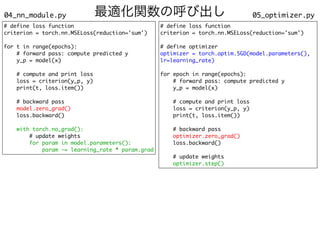 最適化関数の呼び出し 05_optimizer.py
04_nn_module.py
# define loss function
criterion = torch.nn.MSELoss(reduction='sum')
for t in range(epochs):
# forward pass: compute predicted y
y_p = model(x)
# compute and print loss
loss = criterion(y_p, y)
print(t, loss.item())
# backward pass
model.zero_grad()
loss.backward()
with torch.no_grad():
# update weights
for param in model.parameters():
param -= learning_rate * param.grad
# define loss function
criterion = torch.nn.MSELoss(reduction='sum')
# define optimizer
optimizer = torch.optim.SGD(model.parameters(),
lr=learning_rate)
for epoch in range(epochs):
# forward pass: compute predicted y
y_p = model(x)
# compute and print loss
loss = criterion(y_p, y)
print(t, loss.item())
# backward pass
optimizer.zero_grad()
loss.backward()
# update weights
optimizer.step()
 
