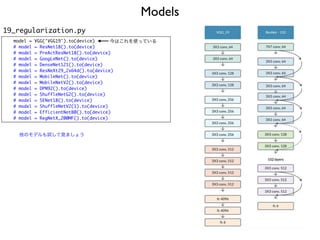 Models
19_regularization.py
model = VGG('VGG19').to(device)
# model = ResNet18().to(device)
# model = PreActResNet18().to(device)
# model = GoogLeNet().to(device)
# model = DenseNet121().to(device)
# model = ResNeXt29_2x64d().to(device)
# model = MobileNet().to(device)
# model = MobileNetV2().to(device)
# model = DPN92().to(device)
# model = ShuffleNetG2().to(device)
# model = SENet18().to(device)
# model = ShuffleNetV2(1).to(device)
# model = EfficientNetB0().to(device)
# model = RegNetX_200MF().to(device)
今はこれを使っている
他のモデルも試して見ましょう
 
