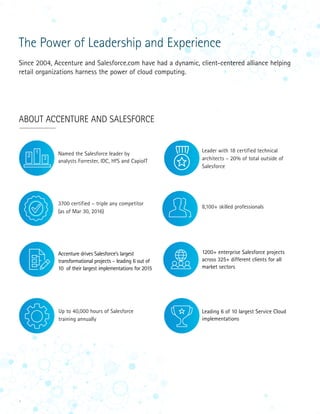4
The Power of Leadership and Experience
Since 2004, Accenture and Salesforce.com have had a dynamic, client-centered alliance helping
retail organizations harness the power of cloud computing.
ABOUT ACCENTURE AND SALESFORCE
Named the Salesforce leader by
analysts Forrester, IDC, HfS and CapioIT
Up to 40,000 hours of Salesforce
training annually
3700 certified – triple any competitor
(as of Mar 30, 2016)
Leader with 18 certified technical
architects – 20% of total outside of
Salesforce
1200+ enterprise Salesforce projects
across 325+ different clients for all
market sectors
Accenture drives Salesforce’s largest
transformational projects – leading 6 out of
10 of their largest implementations for 2015
Leading 6 of 10 largest Service Cloud
implementations
1
2
3
8,100+ skilled professionals
 