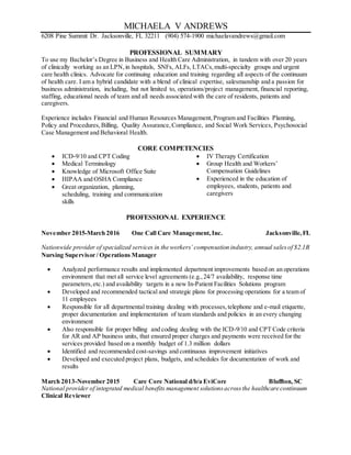 MICHAELA V ANDREWS
6208 Pine Summit Dr. Jacksonville, FL 32211 (904) 574-1900 michaelavandrews@gmail.com
PROFESSIONAL SUMMARY
To use my Bachelor’s Degree in Business and Health Care Administration, in tandem with over 20 years
of clinically working as an LPN, in hospitals, SNFs, ALFs, LTACs,multi-specialty groups and urgent
care health clinics. Advocate for continuing education and training regarding all aspects of the continuum
of health care. I am a hybrid candidate with a blend of clinical expertise, salesmanship and a passion for
business administration, including, but not limited to, operations/project management, financial reporting,
staffing, educational needs of team and all needs associated with the care of residents, patients and
caregivers.
Experience includes Financial and Human Resources Management,Program and Facilities Planning,
Policy and Procedures,Billing, Quality Assurance,Compliance, and Social Work Services, Psychosocial
Case Management and Behavioral Health.
CORE COMPETENCIES
 ICD-9/10 and CPT Coding
 Medical Terminology
 Knowledge of Microsoft Office Suite
 HIPAA and OSHA Compliance
 Great organization, planning,
scheduling, training and communication
skills
 IV Therapy Certification
 Group Health and Workers’
Compensation Guidelines
 Experienced in the education of
employees, students, patients and
caregivers
PROFESSIONAL EXPERIENCE
November 2015-March 2016 One Call Care Management,Inc. Jacksonville,FL
Nationwide provider of specialized services in the workers’ compensation industry, annual salesof $2.1B
Nursing Supervisor / Operations Manager
 Analyzed performance results and implemented department improvements based on an operations
environment that met all service level agreements (e.g.,24/7 availability, response time
parameters,etc.) and availability targets in a new In-Patient Facilities Solutions program
 Developed and recommended tactical and strategic plans for processing operations for a team of
11 employees
 Responsible for all departmental training dealing with processes,telephone and e-mail etiquette,
proper documentation and implementation of team standards and policies in an every changing
environment
 Also responsible for proper billing and coding dealing with the ICD-9/10 and CPT Code criteria
for AR and AP business units, that ensured proper charges and payments were received for the
services provided based on a monthly budget of 1.3 million dollars
 Identified and recommended cost-savings and continuous improvement initiatives
 Developed and executed project plans, budgets, and schedules for documentation of work and
results
March 2013-November 2015 Care Core National d/b/a EviCore Bluffton, SC
National provider of integrated medical benefits management solutionsacrossthe healthcare continuum
Clinical Reviewer
 