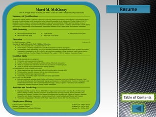 Marci M. McKinney
1416 N. Waugh Street ∙ Kokomo, IN 46901 ∙ (765) 457-3906 ∙ mmckinney39@ivytech.edu
Summary of Qualifications
Dedicated to support children’s curiosity to discover in a diverse learning environment, while offering a curriculum that meets
the needs of each individual child. Strong belief in the National Association for the Education of Young Children (NAEYC)
standards as being a basis for insuring a loving, supportive and safe environment for children and their families. Areas of
expertise include: Knowledge of Child Growth and Development, Awareness of Early Childhood Administration, Health, Safety
and Nutrition, Understanding in Developmentally Appropriate Guidance (DAP), Appreciation for Authentic Assessment.
Skills Summary
 Microsoft PowerPoint 2010  Task Stream  Microsoft Access 2010
 Microsoft Word 2010  Microsoft Excel 2010
Education
Ivy Tech Community College Kokomo, IN
Associate of Applied Science in Early Childhood Education
 Dean’s List recipient with a cumulative GPA of 3.75
 Global Studies Certificate and Indorsed Career Ready Graduate Certificate in progress
 Awarded Patsy Daily Scholarship, The City of Kokomo Community Development Block Grant, Sycamore Recreation
Scholarship, Nominated for the 2013 All-USA & Coca-Cola Community College Academic Team, Paths to Quality
Training Certificate, Five Star Chapter Development Plan Leader, S.T.A.R.S. Academy Association Degree
Qualified Skills
EARLY CHILDHOOD DEVELOPMENT
 Curriculum and organization development
 Conflict resolution with a aptitude for problem solving effectively and quickly
 Ability to teach and train individuals from diverse populations and learning styles
 Ability to provide project coordination and strategic planning
INTERPERSONAL AND COMMUNICATION
 Strong organizational and interpersonal skills with excellent active listening skills
 Professional and amicable demeanor with an inter-cultural awareness
 Exemplary leadership and organization skills
 Trustworthy, accountable, highly responsible and easily approachable
RELEVANT COURSEWORK
 Relevant coursework including Health, Safety and Nutrition, Curriculum in the Early Childhood Classroom, Child
Growth and Development, Developmentally Appropriate Guidance in a Cultural Context, Families in Transition, Early
Childhood Administration, The Exceptional Child, Emerging Literacy, Cognitive Curriculum, Early Childhood
Professional, Preschool Practicum, Family Teacher Partnerships
Activities and Leadership
 Student Leadership Academy Alumni, InSAI School Improvement Community Committee, Bon Air Elementary
School’s Parent Academy, National Association for the Education of Young Children, Science and Math Club -
Secretary and Treasurer, President of the Student Government after Secretary term, Parents as Partners Committee,
Human Services Student Organization - member, (iaeyc)North Central Indiana Board Member and Treasurer
 Nominated and appointed to President of Phi Theta Kappa Honors Society after Vice Precedency term
Employment History
Kokomo Tribune – Paper Carrier Kokomo, IN- 1999 to Present
Horizon – Assistant Teacher Kokomo, IN- 1997 to 2010
Preschool/Kindergarten Practicum (288) hours Kokomo, IN – 2010 to 2011
Resume
Table of Contents
 