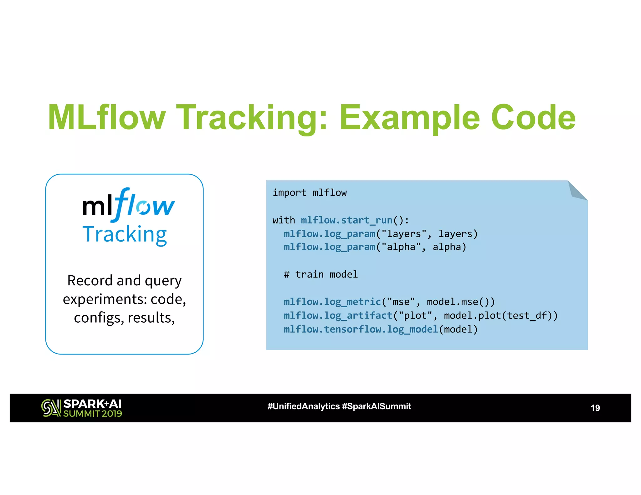 MLflow Tracking: Example Code
19#UnifiedAnalytics #SparkAISummit
Tracking
Record and query
experiments: code,
configs, results,
…etc
import mlflow
with mlflow.start_run():
mlflow.log_param("layers", layers)
mlflow.log_param("alpha", alpha)
# train model
mlflow.log_metric("mse", model.mse())
mlflow.log_artifact("plot", model.plot(test_df))
mlflow.tensorflow.log_model(model)
 