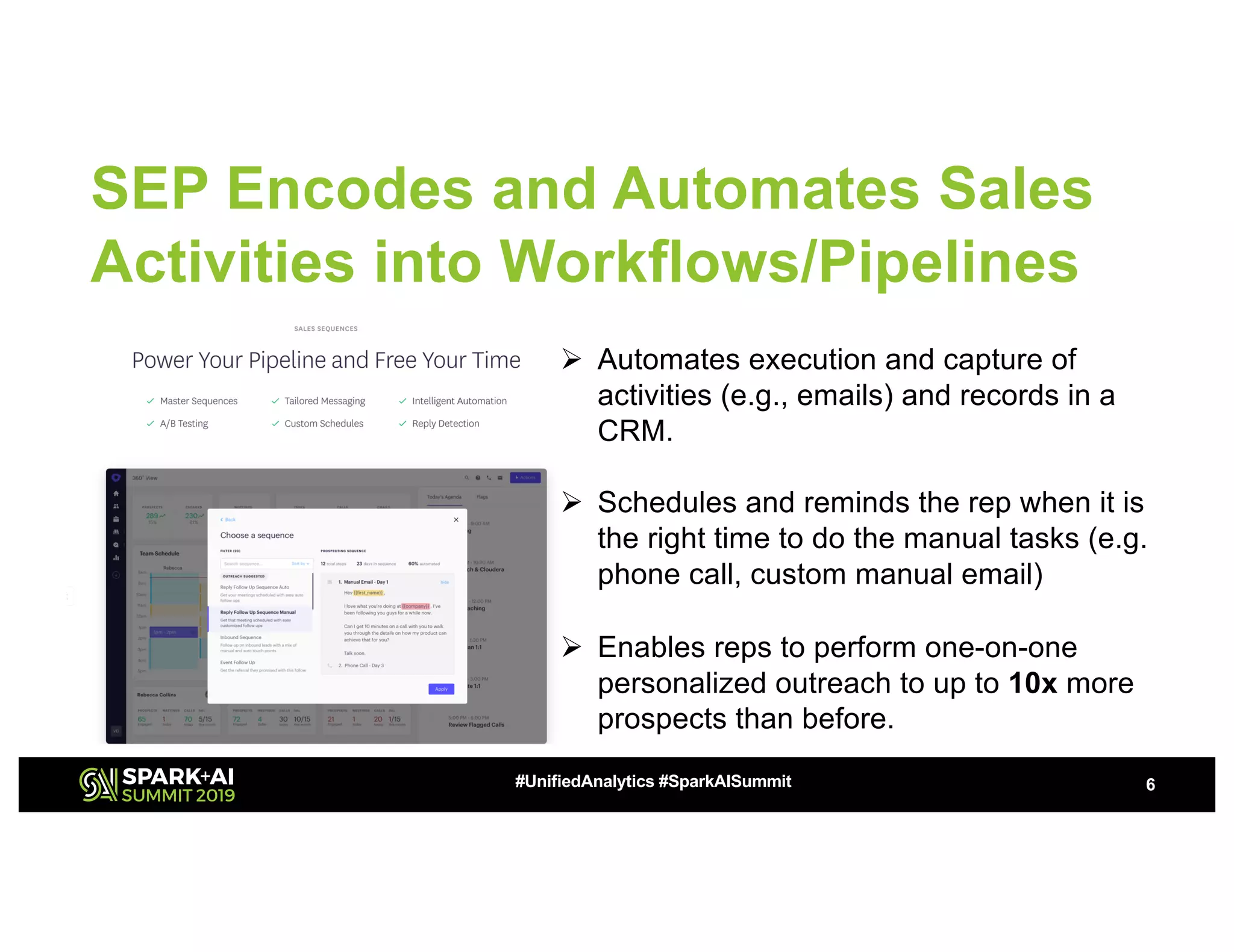SEP Encodes and Automates Sales
Activities into Workflows/Pipelines
6#UnifiedAnalytics #SparkAISummit
Ø Automates execution and capture of
activities (e.g., emails) and records in a
CRM.
Ø Schedules and reminds the rep when it is
the right time to do the manual tasks (e.g.
phone call, custom manual email)
Ø Enables reps to perform one-on-one
personalized outreach to up to 10x more
prospects than before.
 