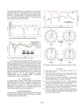 The first design (antenna A) is constructed to
wide band range for UWB applications. Th
developed to produce single band-notched
antenna C is designed which is a dual band-
For comparison, the simulated results of r
shown in Fig.3 for antennas A, B, and C.
Fig. 2 Simulated return loss of the proposed
Fig. 3 Simulated RL of the three antenna (A, B, and
The simulated gain and radiation efficien
Fig.4. It is clear that the antenna has a g
passband fluctuating between 2.5 to 4 dBi and
at 7.8 GHz. While, in the rejection bands the g
dBi at 3.4 GHz and to -2.2 dBi at 5.5 GHz. O
the radiation efficiency drops to 46% at 3.5 GH
5.5 GHz. Also, the antenna radiation patterns
GHz were simulated and illustrated in Fig.5. It
radiation pattern in the yz plane (H-p
omnidirectional. But, the antenna exhibit
radiation pattern in the xy plane (E-plane).
IV. CONCLUSION
A compact planar monopole UWB antenna
notched characteristics has been investigated.
BW, from 2.85 to 50 GHz, is achieved. I
rejection bands are created 3.3-3.7 GHz and
embedding a rectangular strip and M-shaped
front and back sides of the substrate respective
ACKNOWLEDGEMENT
This work has been carried out during sabbati
to Mohamed K. Abdelazeez from the Univ
during the academic year 2014/2015.
o cover an ultra-
hen antenna B is
antenna; finally
notched antenna.
return losses are
d antenna.
d C).
ncy are shown in
good gain in the
d rises to 5.6 dBi
gain drops to -4.5
On the other hand,
Hz and to 40 % at
s at 4 GHz and 7
t is noted that the
lane) is nearly
ts a dipole-like
with dual band
Wide impedance
In addition, two
d 4.9-6 GHz by
d element in the
ely.
cal leave granted
versity of Jordan
Fig. 4. Antenna gain of the proposed du
Fig. 5 Radiation pattern of the proposed
REFERNCE
[1] ‘’First report and order, on ultr
Washington, DC, 2002.
[2] Q.Wu, R.Jin, J.Geng, and M.Ding,
monopole antenna with very compac
Propag. vol. 56, no. 3, pp. 896-899, Ma
[3] P. Cao, Y. Huang, J. W. Zhang, R. A
wideband Monopole Antenna ," in Ante
2013 7th
European Conference on, pp.
[4] H. Liu, C.Ku, T.Ku, T.Wang, and
Antenna With Band-Notched charact
IEEE Antenna and wireless Propag., vo
[5] H. Shahsavari, J. Nourinia, H. Shirz
Amiri, and B.Virdee, “Compact Plana
Band-Notched Function” ACES., vol. 2
[6] R. Zaker, C. Ghobadi, and J. Nourin
novel compact single and dual band-n
with a pair of L-shaped slots,” IEEE T
no. 12, pp. 3978–3983, Dec. 2009.
ual band-notch antenna.
d antenna (a) 4GHz (b) 7GHz.
ES
a-wideband technology‘’ FCC,
‘’Printed Omni-directional UWB
ct size,’’ IEEE Trans. Antennas
ar.2008
Alrawashdeh, "A Compact Super
ennas and Propagation (EUCAP),
3107 - 3110, 2013.
d C.Yang, “Compact Monopole
teristics for UWB Applications,”
ol. 9, pp. 397-400, 2010.
zad, M. Shokri, S. Asiaban, Zh.
ar Super-Wideband Antenna with
28, pp. 608-612, 2013
nia, “Bandwidth enhancement of
notched printed monopole antenna
Trans. Antennas Propag., vol. 57,
2394
 