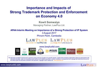 LAWPLUS 1
Importance and Impacts of
Strong Trademark Protection and Enforcement
on Economy 4.0
Kowit Somwaiya
Managing Par...