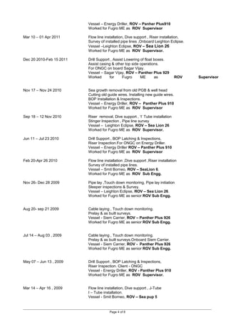 Vessel – Energy Driller, ROV – Panher Plus910
Worked for Fugro ME as ROV Supervisor
Mar 10 – 01 Apr 2011 Flow line installation, Dive support , Riser installation,
Survey of installed pipe lines ,Onboard Leighton Eclipse.
Vessel –Leighton Eclipse, ROV – Sea Lion 26
Worked for Fugro ME as ROV Supervisor.
Dec 20 2010-Feb 15 2011 Drill Support , Assist Lowering of float boxes.
Assist casing & other top side operations.
For ONGC on board Sagar Vijay.
Vessel – Sagar Vijay, ROV – Panther Plus 929
Worked for Fugro ME as ROV Supervisor
Nov 17 – Nov 24 2010 Sea growth removal from old PGB & well head
Cutting old guide wires. Installing new guide wires.
BOP Installation & Inspections.
Vessel – Energy Driller, ROV – Panther Plus 910
Worked for Fugro ME as ROV Supervisor
Sep 18 – 12 Nov 2010 Riser removal, Dive support , ‘I’ Tube installation
Stinger Inspection , Pipe line survey
Vessel – Leighton Eclipse, ROV – Sea Lion 26
Worked for Fugro ME as ROV Supervisor.
Jun 11 – Jul 23 2010 Drill Support , BOP Latching & Inspections,
Riser Inspection.For ONGC on Energy Driller.
Vessel – Energy Driller ROV – Panther Plus 910
Worked for Fugro ME as ROV Supervisor
Feb 20-Apr 26 2010 Flow line installation ,Dive support ,Riser installation
Survey of installed pipe lines.
Vessel – Smit Borneo, ROV – SeaLion 6.
Worked for Fugro ME as ROV Sub Engg.
Nov 26- Dec 28 2009 Pipe lay ,Touch down monitoring, Pipe lay initiation
Sleeper inspections & Survey.
Vessel – Leighton Eclipse, ROV – Sea Lion 26.
Worked for Fugro ME as senior ROV Sub Engg.
Aug 20- sep 21 2009 Cable laying , Touch down monitoring.
Prelay & as built surveys.
Vessel - Siem Carrier, ROV – Panther Plus 926
Worked for Fugro ME as senior ROV Sub Engg.
Jul 14 – Aug 03 , 2009 Cable laying , Touch down monitoring.
Prelay & as built surveys.Onboard Siem Carrier.
Vessel - Siem Carrier, ROV - Panther Plus 926
Worked for Fugro ME as senior ROV Sub Engg.
May 07 – Jun 13 , 2009 Drill Support , BOP Latching & Inspections,
Riser Inspection. Client - ONGC
Vessel - Energy Driller, ROV - Panther Plus 910
Worked for Fugro ME as ROV Supervisor.
Mar 14 – Apr 16 , 2009 Flow line installation, Dive support , J-Tube
I – Tube installation.
Vessel - Smit Borneo, ROV – Sea pup 5
Page 4 of 8
 