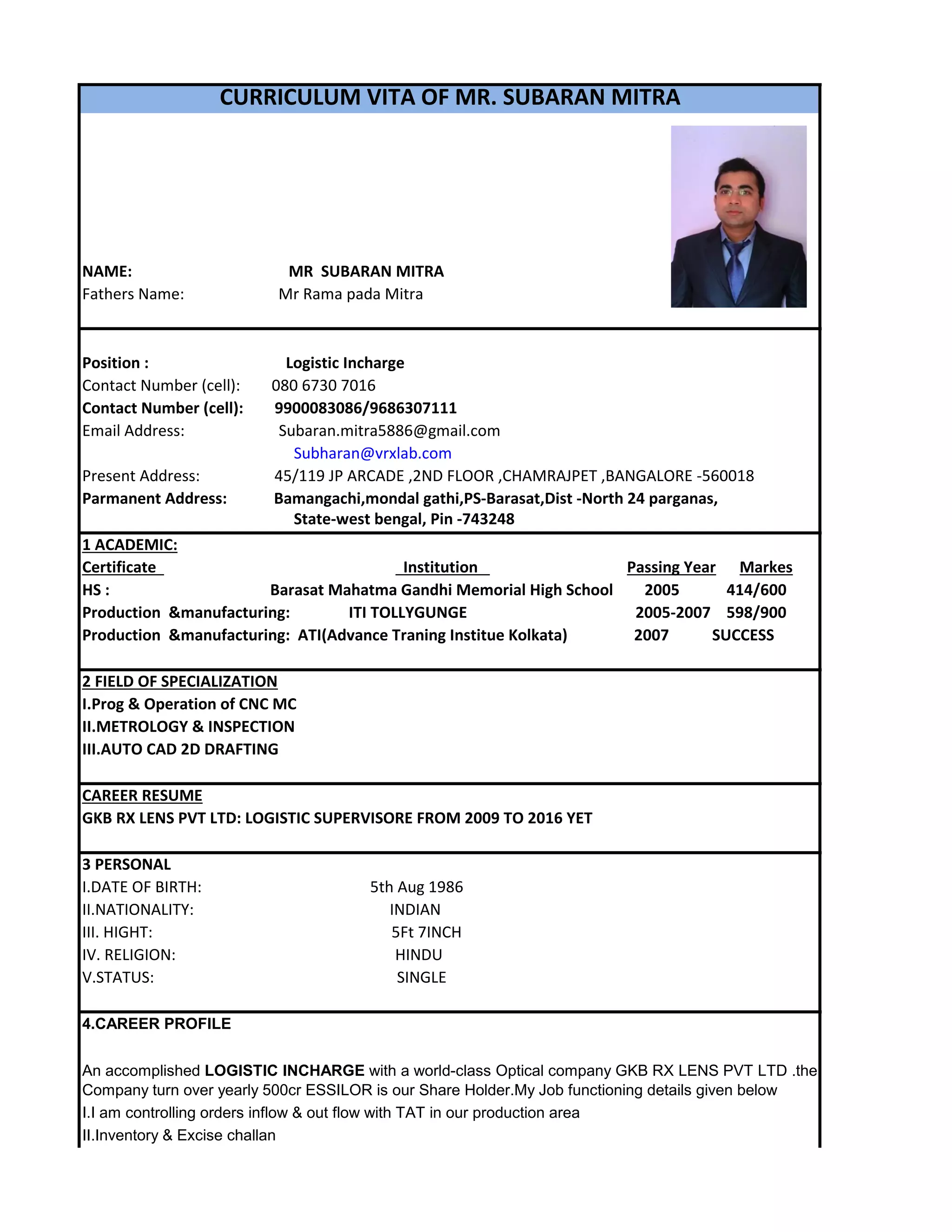 LOGISTIC INCHARGE WITH GKB RX LENS PVT LTD | PDF