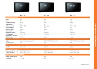 Display characteristics
Interfaces & connectors
Sound
TSD www.tsd-tech.com
Cables included
Certiﬁcate
Power usage typical
Dimension (W x D x H)
Speaker
Video
Touch interface
19”17’’
Power, VGA, USB
CE, FCC
15W
CE, FCC
18W
CE, FCC
23W
391.7*323.7*47mm
Power, VGA, USB
438.7*363.7*45mm
Power, VGA, USB
547.7*339.7*47mm
optional optional optional
VGA, DVI&HDMI(optional)
USB
VGA, DVI&HDMI(optional)
USB
VGA, DVI&HDMI(optional)
USB
21.5’’
RearMountTouchMonitor
Touch technology
Size
Touch points
Panel
Display colour
Brightness typical
Contrast Ratio
Native resolution
Response time
Viewing angle
(horizontal / vertical)
Aspect Ratio
PCAP
17”
10
LED
16.7M
250cd/m²
1000:1
1280x 1024
5ms
170° / 160°
4: 3
Physical speciﬁcation
Power management / Certiﬁcate
PCAP
19”
10
LED
16.7M
250cd/m²
1000:1
1280x1024
5ms
170° / 160°
4: 3
PCAP
21.5”
10
LED
16.7M
250cd/m²
1000:1
1920 x 1080
5ms
178° / 178°
16: 9
RTL170 RTL190 RTL215
 