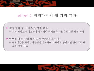 경쟁사의 웹 서비스 동향을 파악 -  자사 사이트와 비교하여 매력적인 서비스와 사용자에 대한 배려 파악 아이디어를 창의적 사고로 이끌어내는 것 -  벤치마킹을 하되 ,  장단점을 파악하여 자사만의 창의적인 방법으로 새   로운 것에 시도 effect :   벤치마킹의 네 가지 효과 