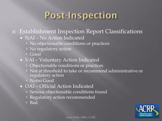  Establishment Inspection Report Classifications
 NAI – No Action Indicated
 No objectionable conditions or practices
 No regulatory action
 Good
 VAI – Voluntary Action Indicated
 Objectionable conditions or practices
 Not at threshold to take or recommend administrative or
regulatory action
 Notso Good
 OAI – Official Action Indicated
 Serious objectionable conditions found
 Regulatory action recommended
 Bad
Jason Soltis, MBA, CCRC
 