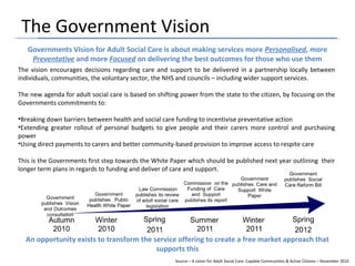 The Government Vision
The vision encourages decisions regarding care and support to be delivered in a partnership locally between
individuals, communities, the voluntary sector, the NHS and councils – including wider support services.
The new agenda for adult social care is based on shifting power from the state to the citizen, by focusing on the
Governments commitments to:
•Breaking down barriers between health and social care funding to incentivise preventative action
•Extending greater rollout of personal budgets to give people and their carers more control and purchasing
power
•Using direct payments to carers and better community-based provision to improve access to respite care
This is the Governments first step towards the White Paper which should be published next year outlining their
longer term plans in regards to funding and deliver of care and support.
Governments Vision for Adult Social Care is about making services more Personalised, more
Preventative and more Focused on delivering the best outcomes for those who use them
Source – A vision for Adult Social Care: Capable Communities & Active Citizens – November 2010
An opportunity exists to transform the service offering to create a free market approach that
supports this
 