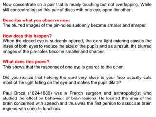 Now concentrate on a pair that is nearly touching but not overlapping. While 
still concentrating on this pair of discs with one eye, open the other. 
Describe what you observe now. 
The blurred images of the pin-holes suddenly become smaller and sharper. 
How does this happen? 
When the closed eye is suddenly opened, the extra light entering causes the 
irises of both eyes to reduce the size of the pupils and as a result, the blurred 
images of the pin-holes become smaller and sharper. 
What does this prove? 
This shows that the response of one eye is geared to the other. 
Did you realize that holding the card very close to your face actually cuts 
most of the light falling on the eye and makes the pupil dilate? 
Paul Broca (1824-1880) was a French surgeon and anthropologist who 
studied the effect on behaviour of brain lesions. He located the area of the 
brain concerned with speech and thus was the first person to associate brain 
regions with specific functions. 
 