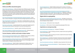198 199SCENARIOSthe Toolkit - A manual for young trainers working with
visual communication, entrepreneurship and volunteering
Online and offline educational games
https://vimeo.com/36491415 - video presenting the idea of MeTycoon game. This games
presents very well work-life balance because of two main performance indicators: money
and happiness. It presents also a real-life typical situations like taking care of your dog
as development of your professional skills (social skills in this case). Moreover, it gives a
wide overview of the labour market, available professions, requirements and salaries typ-
ical for these professions as well as interviews with representatives of these professions,
supported by gamification.
http://www.paninformatyk.com.pl/informatyka/pobierz-tajemnice-aeropolis/ - Talent
Game - Secrets of Aeropolis is a 3D game with advanced diagnosing features (Polish only)
https://www.facebook.com/MaxCareer/ - Max-Career is a Facebook game on career coun-
selling, which allows to share easily your achievements with friends on Facebook making
the game more and more popular
http://ocias.com/loved.php - Loved by Alexander Ocias, a game which might be good for
overcoming the bareer between following the instructions and being decisive
http://www.capitalismlab.com/ - Capitalism, a game simulating a real business
https://www.mobygames.com/game-group/railroad-tycoon-series - Railroad Tycoon, a
series of business simulation games with powerful economic features
Current situation, statistics and trends on labour market
http://ec.europa.eu/eurostat/web/labour-market - EUROSTAT, Labour Market, the official
source of knowledge on labour market statistics in European countries
http://stat.gov.pl/obszary-tematyczne/rynek-pracy/ - Central Statistical Office of Poland
(Główny Urząd Statystyczny), Labour Market, the official source of knowledge on labour
market statistics in European countries (Polish only)
http://www.rynekpracy.pl/ - Sedlak & Sedlak company portal on labour market, it con-
tatins very powerful and detailed statatistics, some of them are paid (Polish only)
http://wynagrodzenia.pl/ - Sedlak & Sedlak company portal on salaries in the labour
market, it contatins very powerful and detailed statatistics, some of them are paid (Polish
only)
http://www.manpowergroup.com/wps/wcm/connect/manpowergroup-en/home/
thought-leadership/research-insights/talent-shortage-2015 - Manpower is a global HR
company providing an annual report “Talent Shortage Survey” informing about current
situation and trends on the labour markets in the countries covered in the report
Digital skills for employability
http://ipts.jrc.ec.europa.eu/publications/pub.cfm?id=6359 - DIGCOMP: A Framework for
Developing and Understanding Digital Competence in Europe, map of digital competence
that are required in labour markets
https://code.org/ - online portal to learn coding skills
http://apki.org/ - online courses of various programming langueages (Polish only)
Inspirations on entrepreneurship
http://www.europeanictchallenge.com/ - European ICT Challenge
http://mambiznes.pl/ - ideas for setting up a business, sample business plans, guidelines,
success stories (Polish only)
http://mamstartup.pl/ - ideas for setting up a business, sample business plans, financing,
mainly in ICT industry (Polish only)
https://inkubatory.pl/ - the website of Academic Entrepreneurship Incubators (Akadem-
ickie Inkubatory Przedsiębiorczości), supporting young startup entrepreneurs (Polish
only)
http://www.ideaswatch.com/browse - IdeasWatch, startup inspirations from the crowd
http://www.forbes.com/startups/#62ef9f8d3f25 - Forbes, Entrepreneurs / Startups,
stories about startups
 