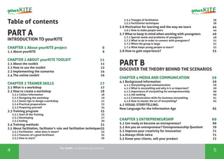 The Toolkit - a manual for young trainers
4 5
Table of contents
PART A
INTRODUCTION TO yourKITE
CHAPTER 1 About yourKITE project	 9
1.1 About yourKITE	 9
CHAPTER 2 ABOUT yourKITE TOOLKIT		 11
2.1 About the toolkit	 11
2.2 How to use the toolkit		 12
2.3 Implementing the scenarios		 14
2.4 The online toolkit	 16
CHAPTER 3 TRAINER SKILLS	 17
3.1 What is a workshop	 17
3.2 How to create a workshop	 18
3.2.1 Collect information 	 18
3.2.2 Designing the workshop	 19
3.2.3 Seven tips to design a workshop	 22
3.2.4 Practical preparations	 23
3.2.5 Preparing yourself		 24
3.3 Training program		 25
3.3.1 Start of the Training		 25
3.3.2 Developing		 27
3.3.3 Ending		 30
3.4 Training methods	 31
3.5 About facilitation, facilitator’s role and facilitation techniques35
3.5.1 Facilitation - what does it mean?	 35
3.5.2 Features of a good facilitator		 35
3.5.3 How to start?		 36
3.5.4 Triangle of facilitation		 36
3.5.5 Facilitation techniques		 38
3.6 Motivation for learning and the way we learn		 44
3.6.1 How to make people learn		 44
3.7 What to keep in mind when working with youngsters	 49
3.7.1 Special needs and problems of youngsters		 49
3.7.2 What to do in order to connect with youngsters? 		 51
3.7.3 When the group is large		 52
3.7.4 What helps young people to learn?		 52
3.8 How to gain experience? 		 55
PART B
DISCOVER THE THEORY BEHIND THE SCENARIOS
CHAPTER 4 MEDIA AND COMMUNICATION	 	 59
4.1 Background information		 59
4.1.1 Storytelling and communication		 59
4.1.2 What is storytelling and why is it so important?		 59
4.1.3 Importance of storytelling for entrepreneurship		 60
4.1.4 Job seeking		 60
4.1.5 Communication skills for business storytelling		 61
4.1.6 How to master the art of storytelling?		 63
4.2 VISUAL STORYTELLING:
New Language for the Information Age		 65
CHAPTER 5 ENTREPRENEURSHIP		 69
5.1 Get ready to become an entrepreneur!		 69
5.2 Are you an entrepreneur? Entrepreneurship Quotient	 70
5.3 Improve your creativity for innovation		 71
5.4 Always think twice		 71
5.5 Know your clients, sell your product		 72
 